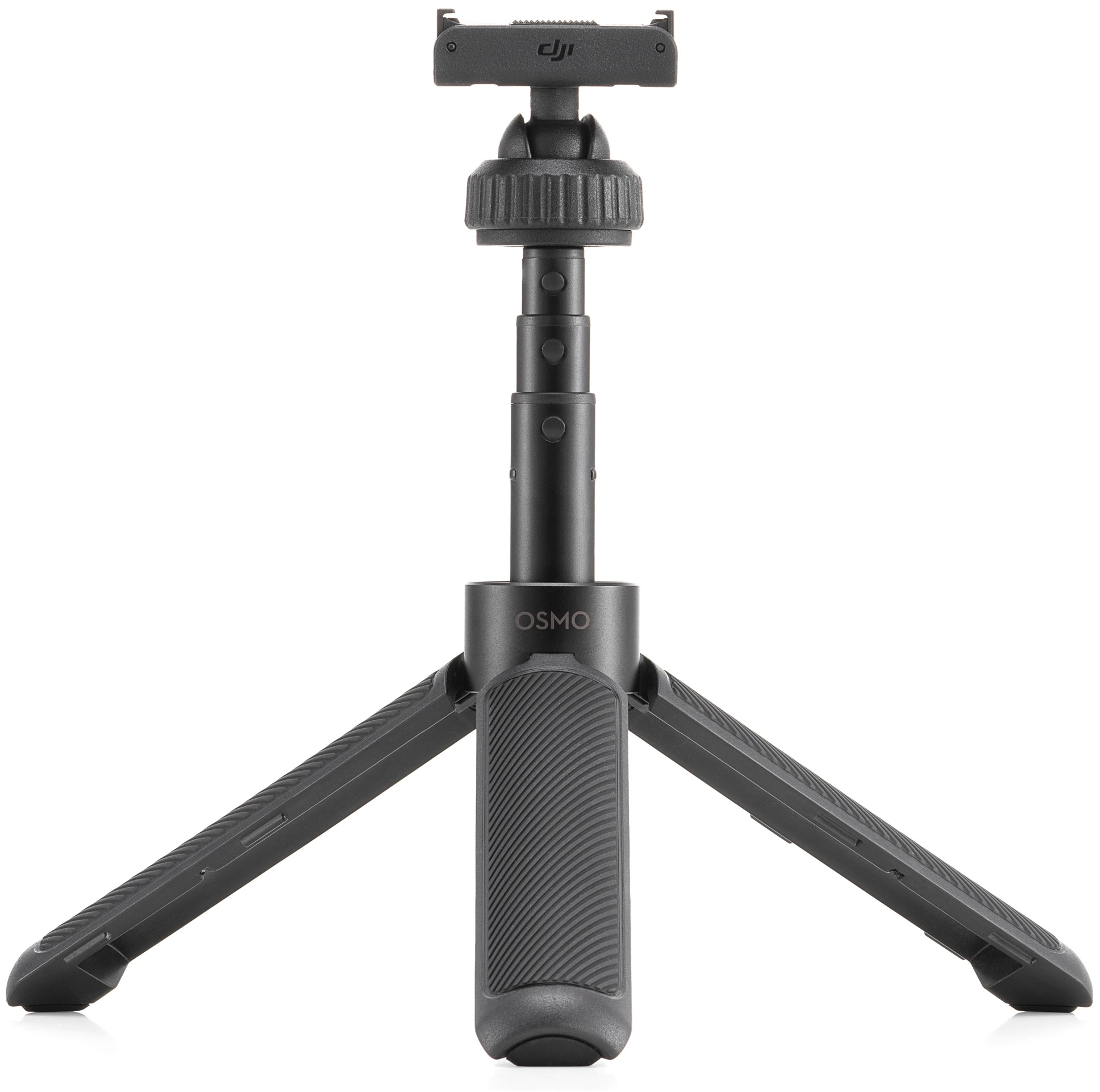 Schwarzes DJI Osmo Stativ mit drei Beinen und einem Telefonhalter oben.