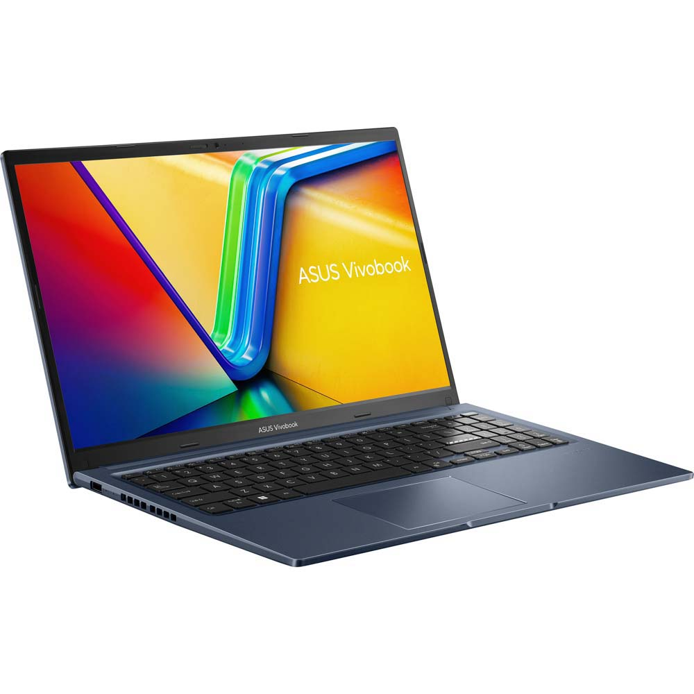 Mavi Asus Vivobook dizüstü bilgisayar, açık, renkli grafiklerle ekranı gösteriyor.