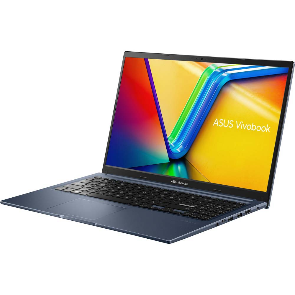 Mavi bir ASUS Vivobook dizüstü bilgisayar açık olarak gösterilmektedir, ekran izleyiciye dönük.