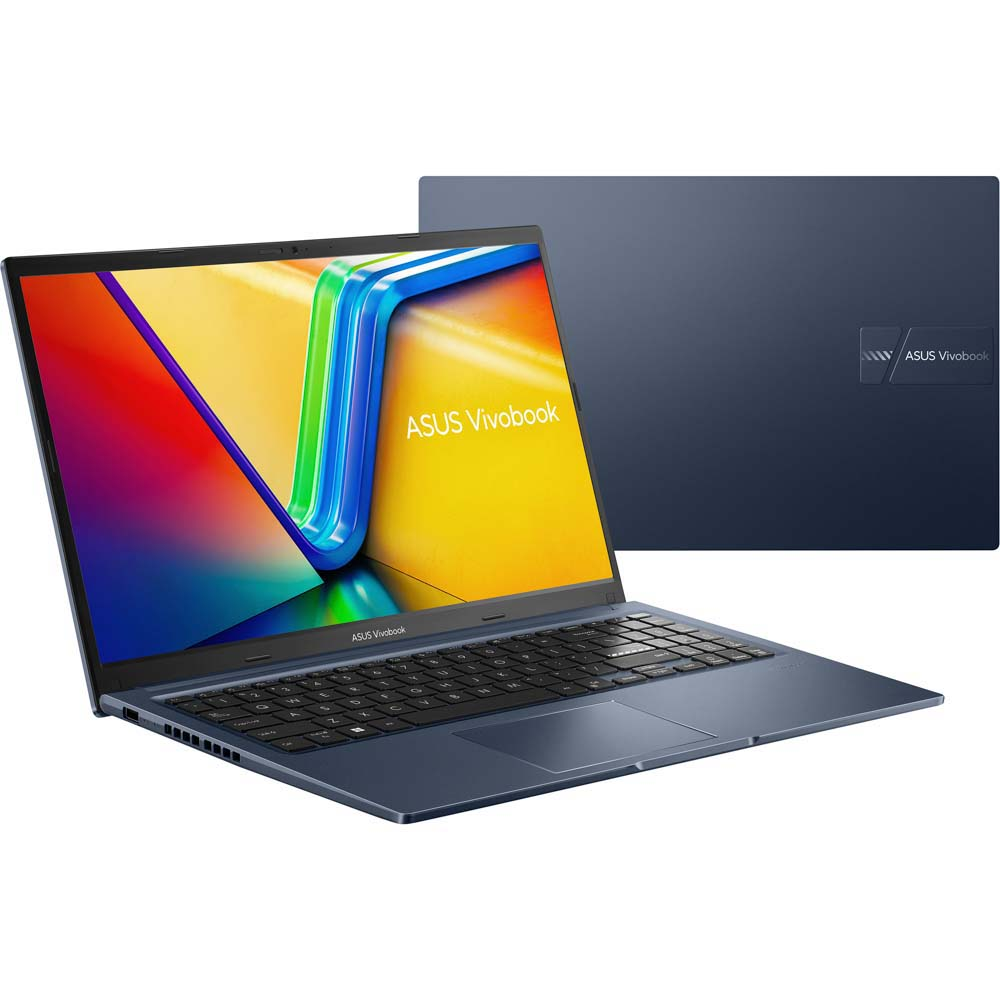 Mavi Asus Vivobook dizüstü bilgisayar, açık, ekran gösteriyor. Arka planda başka bir dizüstü bilgisayar.