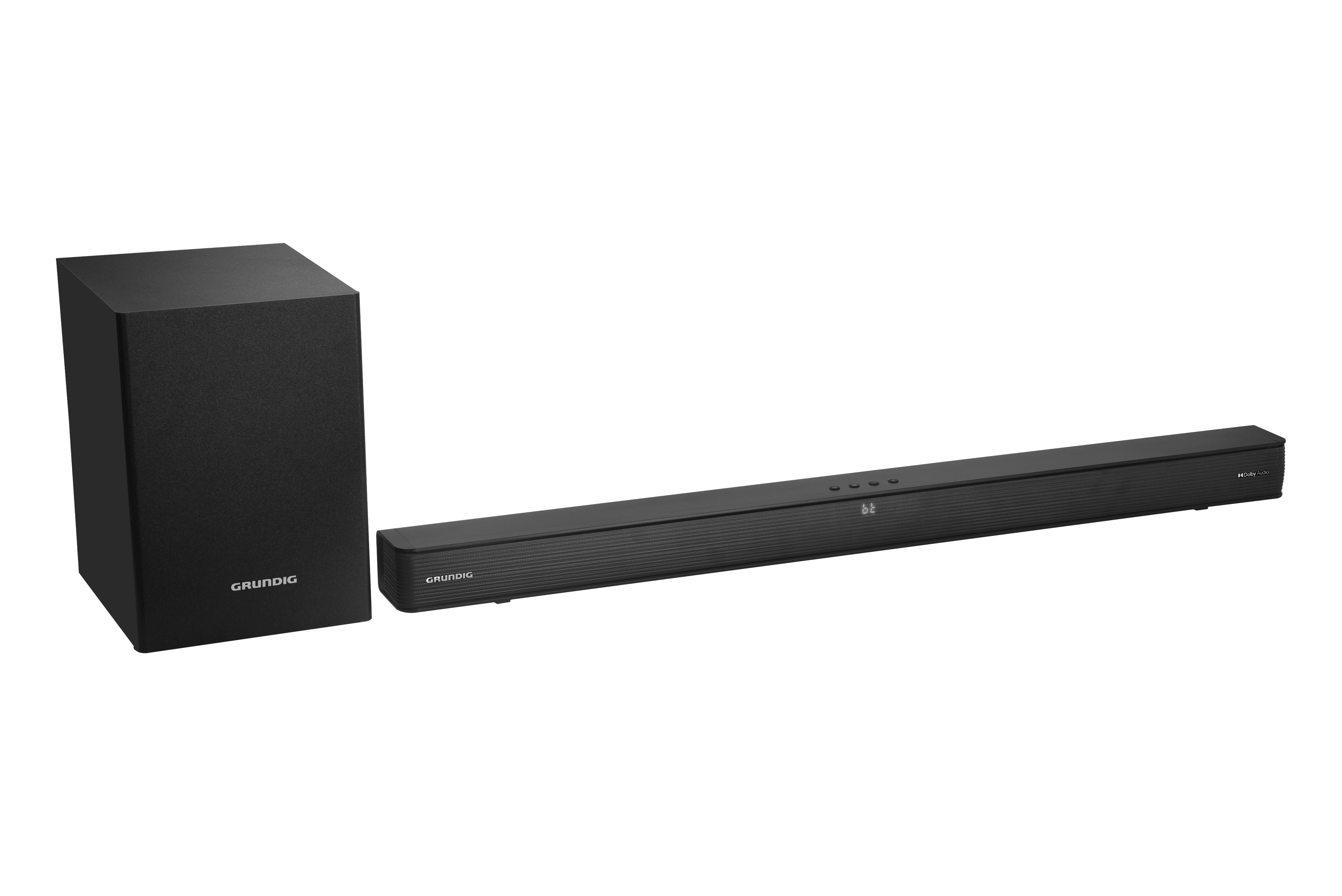Siyah Grundig soundbar ve subwoofer seti, siyah arka plan.