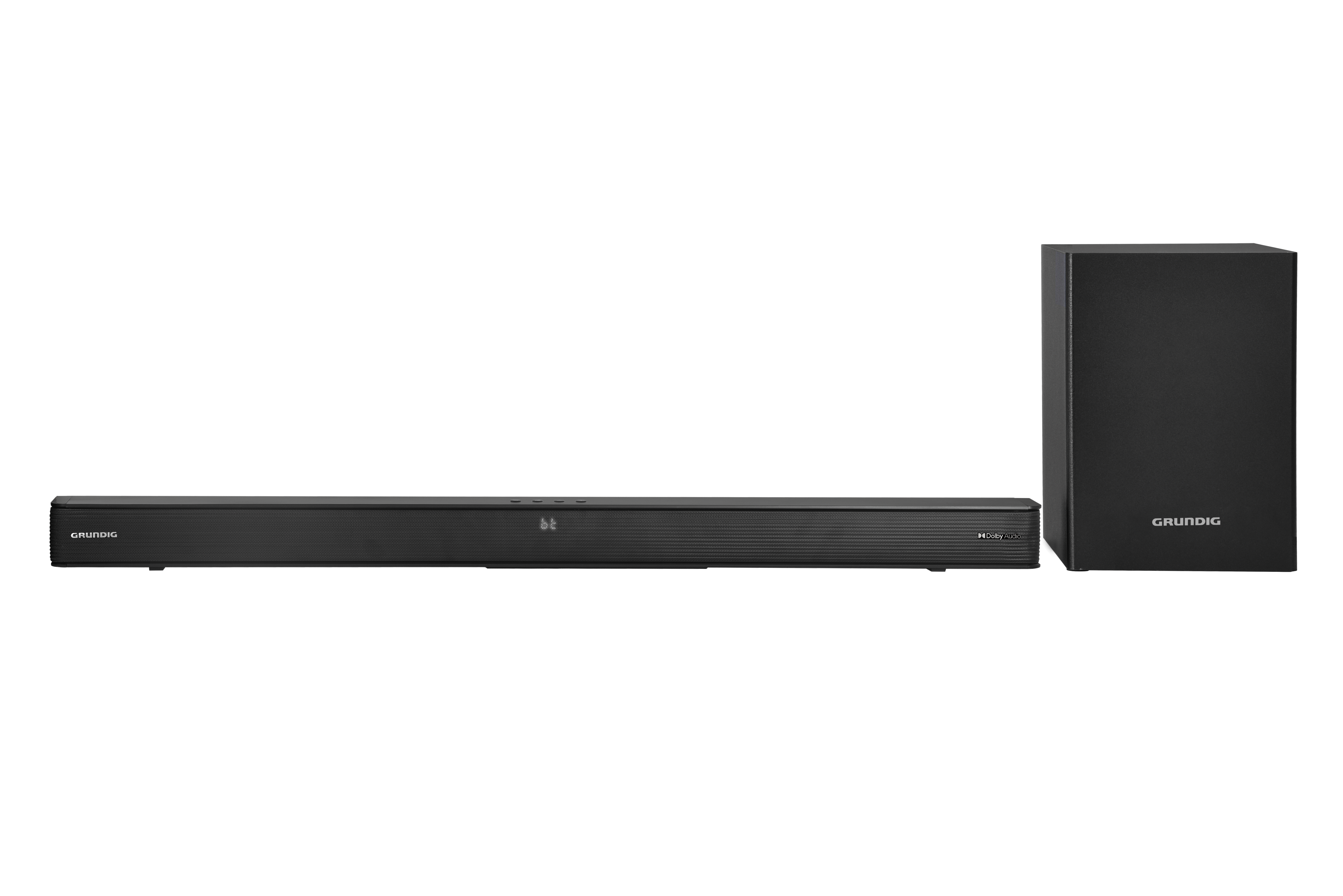 Siyah bir arka plan üzerinde siyah bir Grundig soundbar ve subwoofer seti.