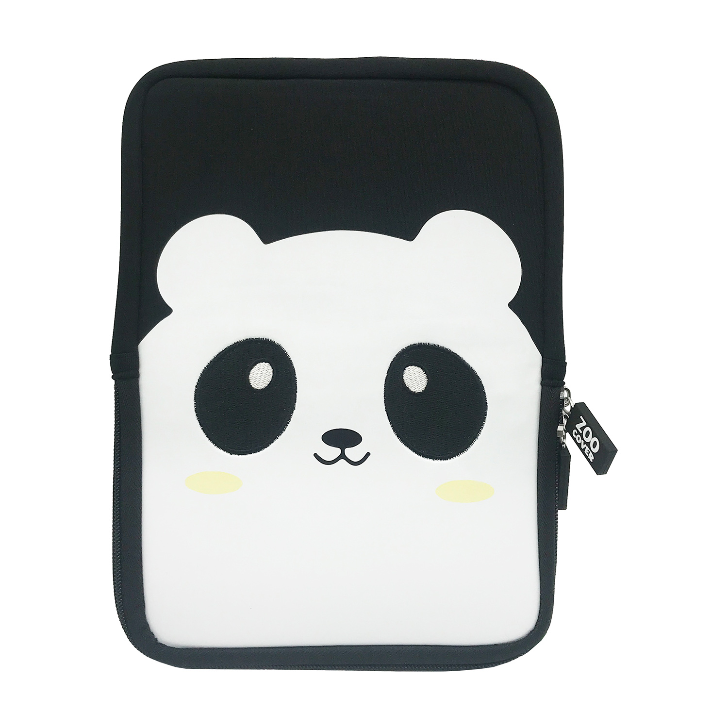 Custodia per tablet panda bianco e nero. La faccia del panda è sul davanti, con cerniera ed etichetta.