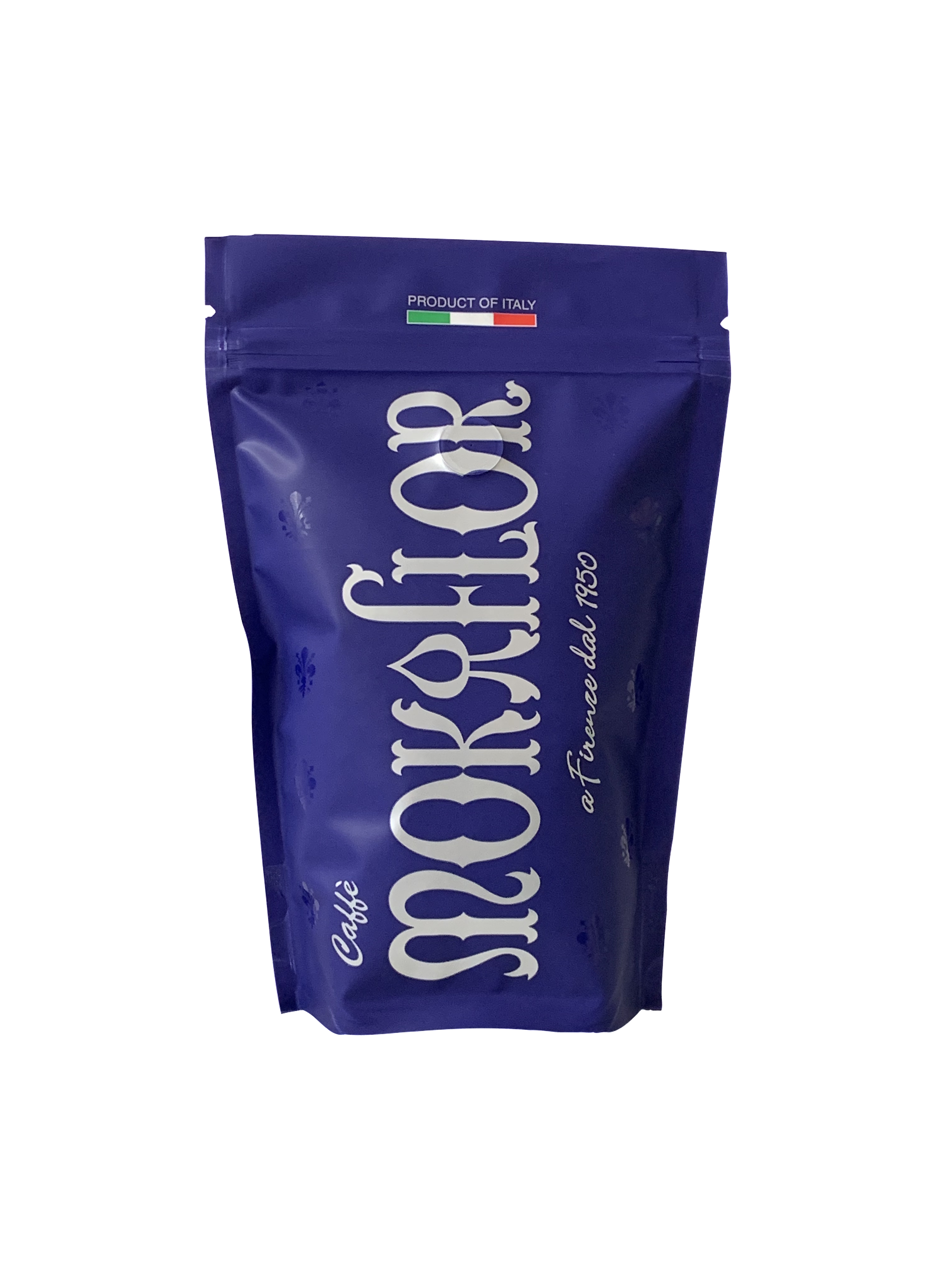 Blaue Kaffeetüte mit weißem Text. Text: Morsiflor Caffe, Produkt Italien.