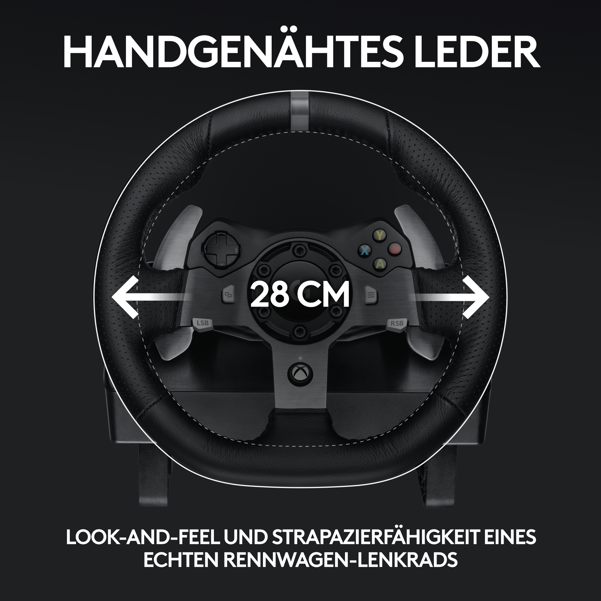 Handgenähtes 28 cm Leder-Rennlenkrad mit Xbox-Steuerung.