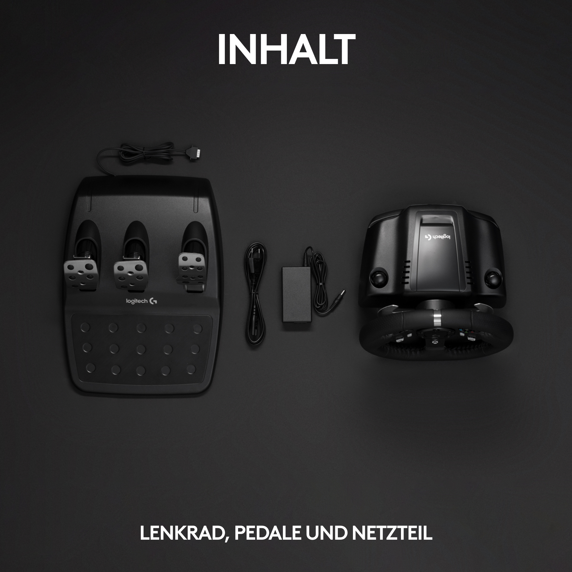 Logitech Rennsimulator-Zubehör inklusive Pedale, Netzteil und Lenkrad auf schwarzem Hintergrund.
