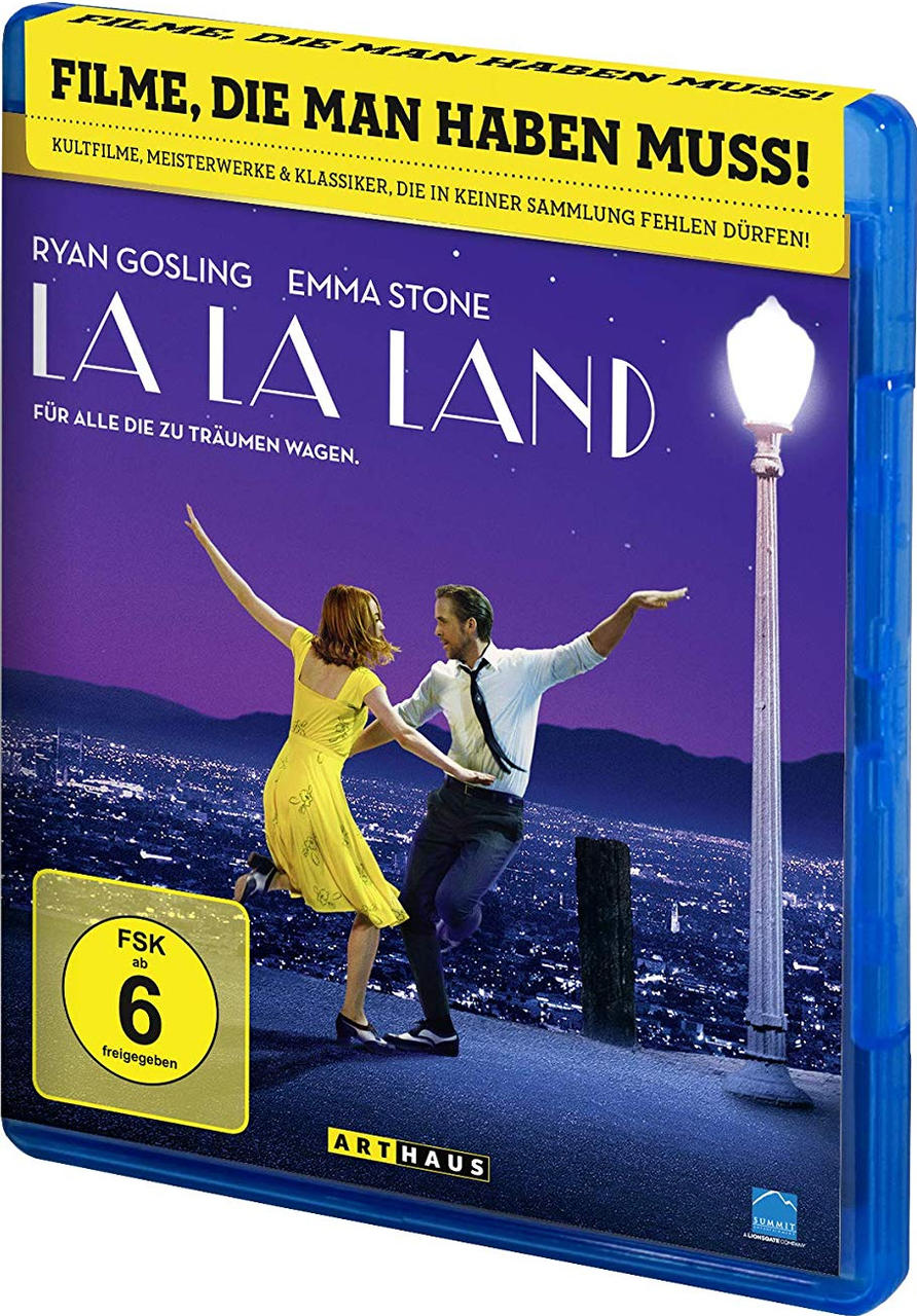 DVD-Hülle für 'La La Land'. Ryan Gosling und Emma Stone tanzen vor einer Skyline.