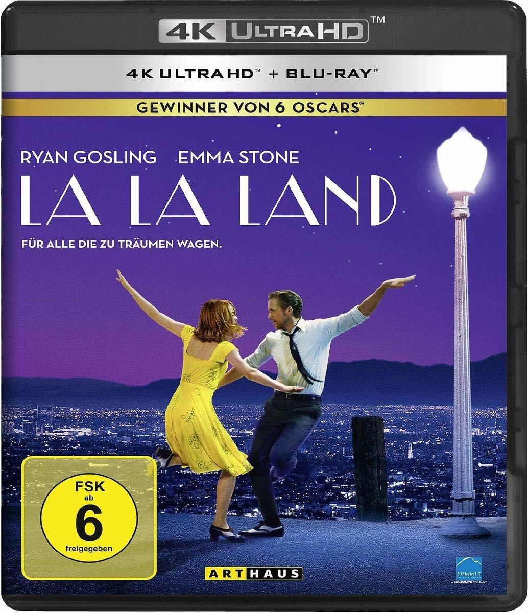 La La Land Blu-ray-Cover mit Ryan Gosling und Emma Stone beim Tanzen, lila Nachthimmel.