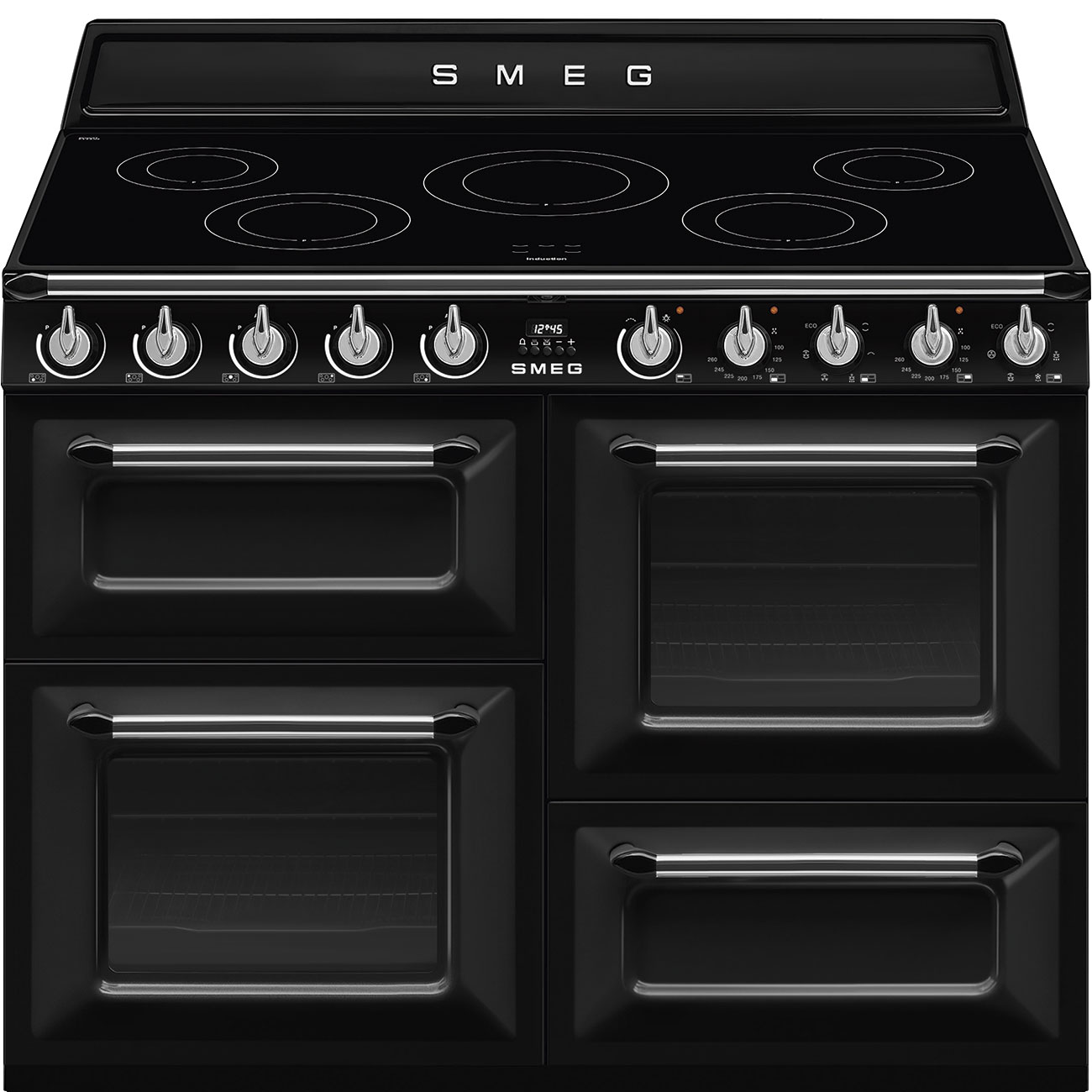 Schwarzer SMEG-Herd mit mehreren Öfen und Kochfeldern.