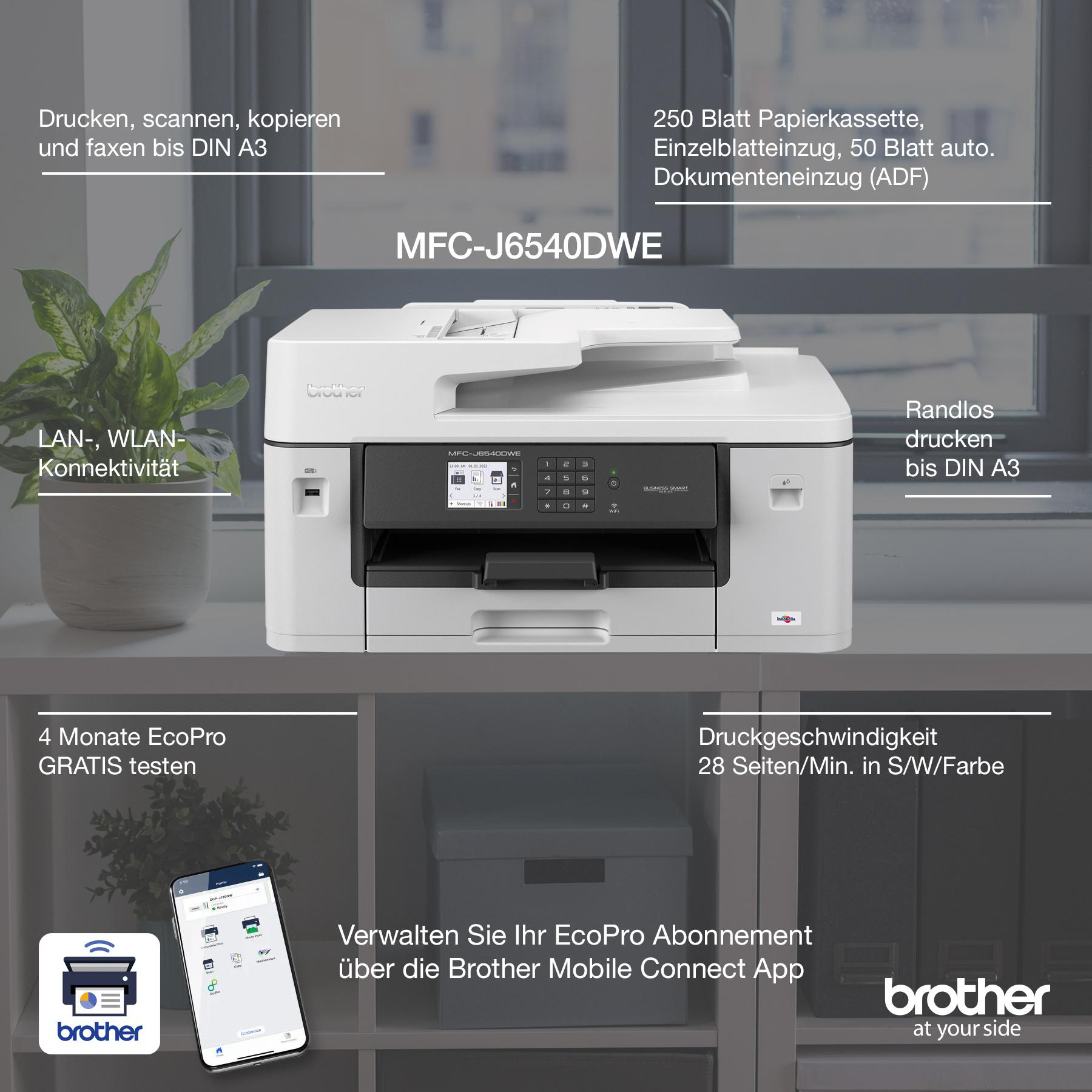 Ein Drucker mit Text und Bildern, die seine Funktionen beschreiben.