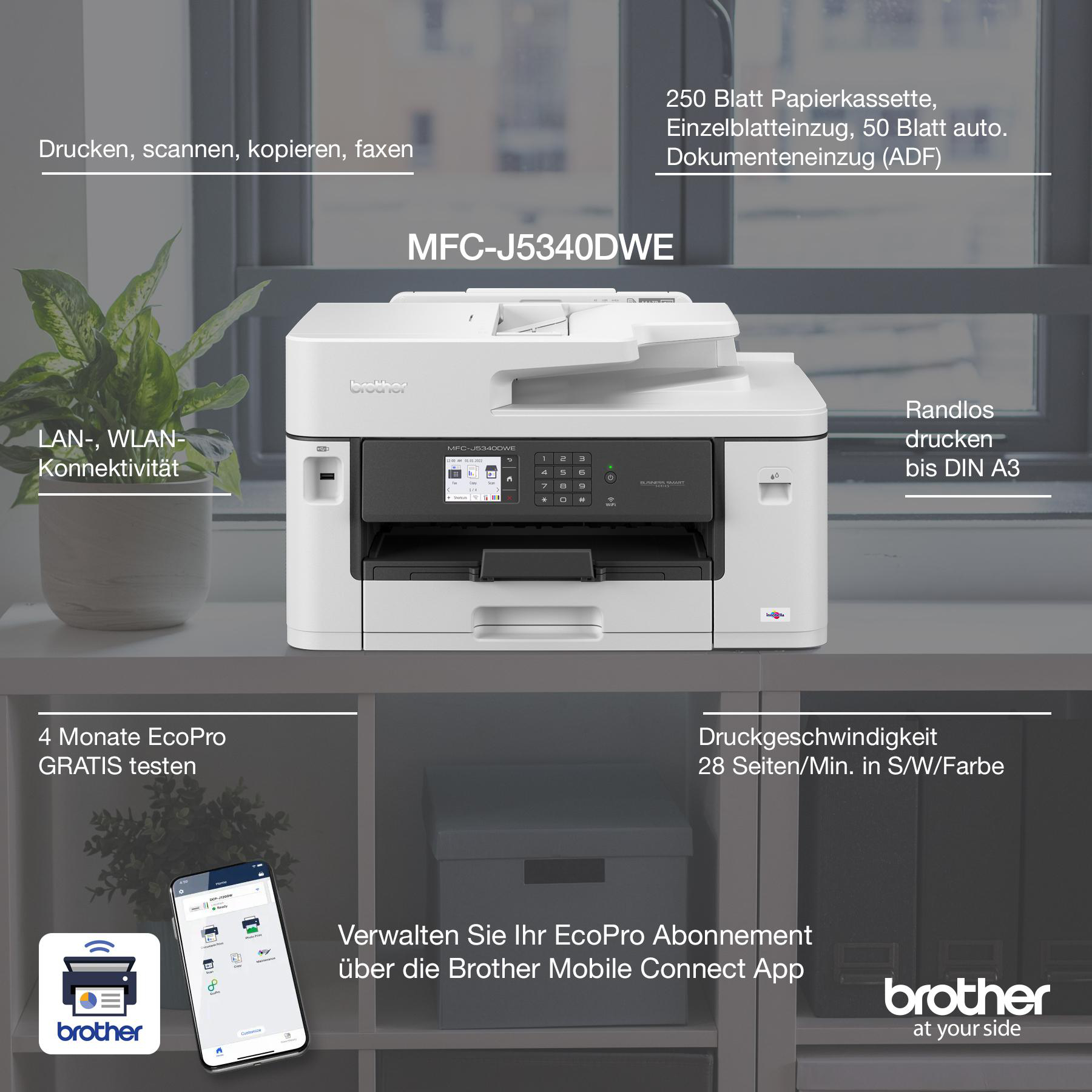 Weißer Drucker mit Display und Smartphone mit App.