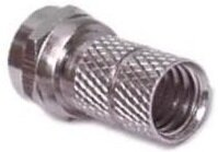 Srebrne złącze F, metalowe, z gwintowanym końcem, odizolowane na białym.