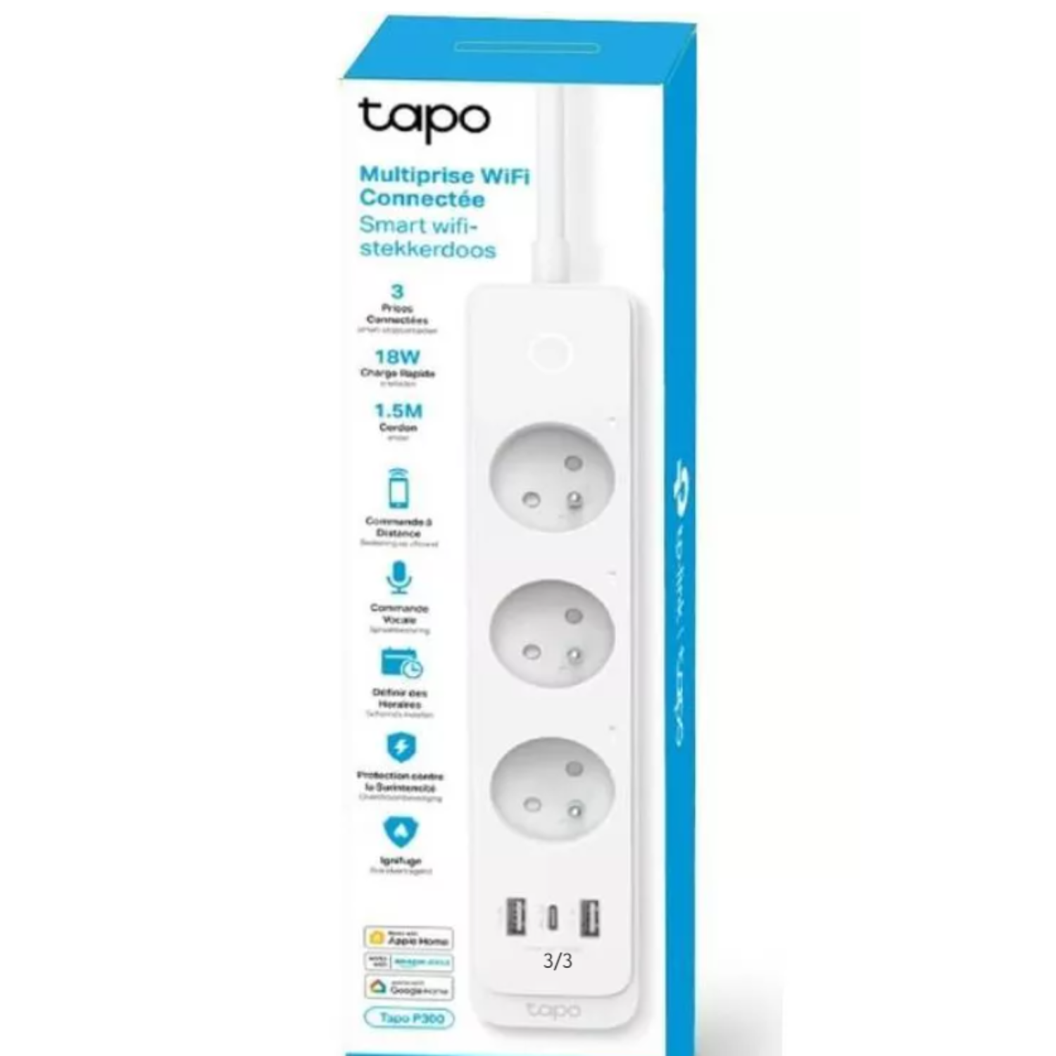 Witte Tapo meervoudige stekkerdoos, met productkenmerken weergegeven op de voorkant.