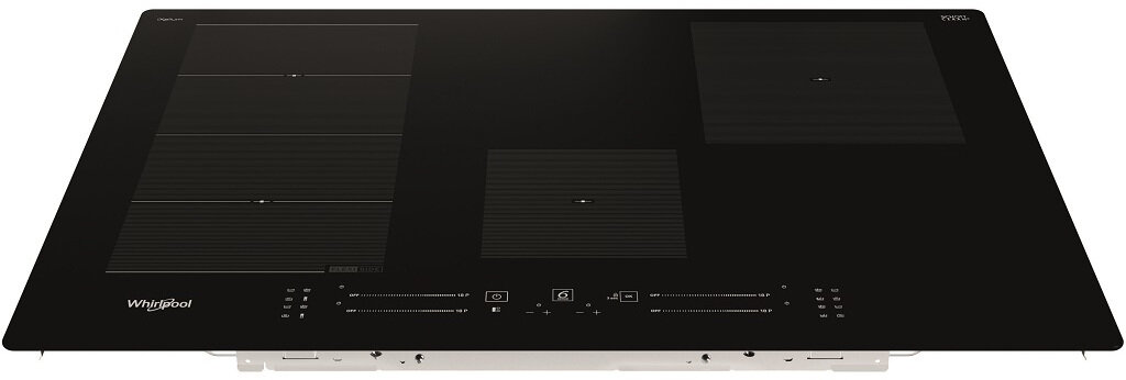 Czarna płyta indukcyjna z czterema strefami grzewczymi, logo Whirlpool na dole.