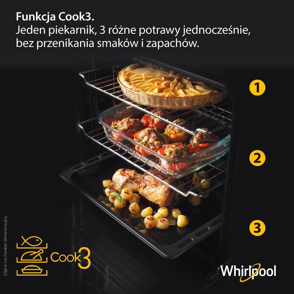 Wnętrze piekarnika z trzema rusztami, na każdym jedzenie. Ciasto na górze, papryka w środku, kurczak na dole.