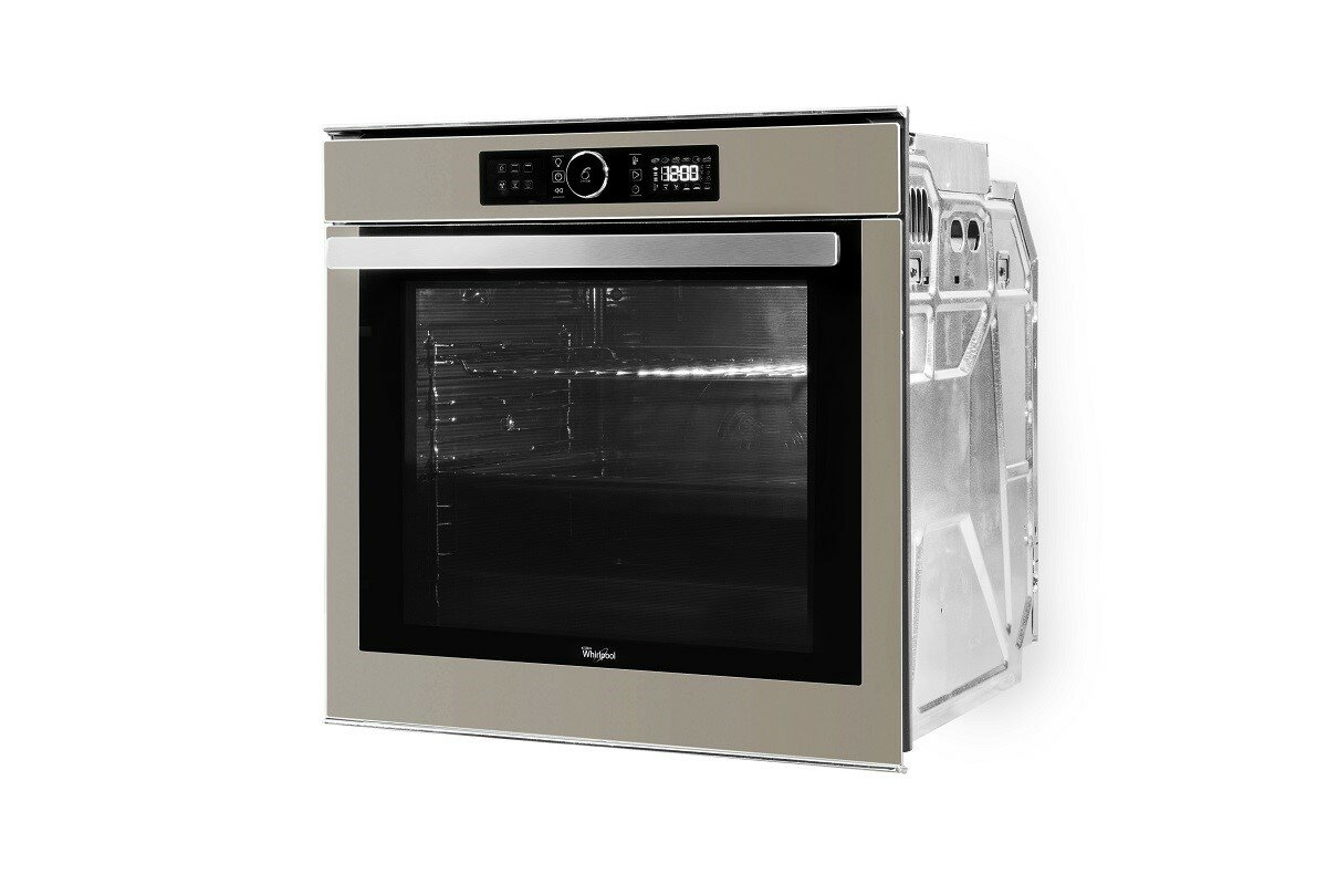 Piekarnik do zabudowy, stal nierdzewna, marka Whirlpool. Ma wyświetlacz cyfrowy.