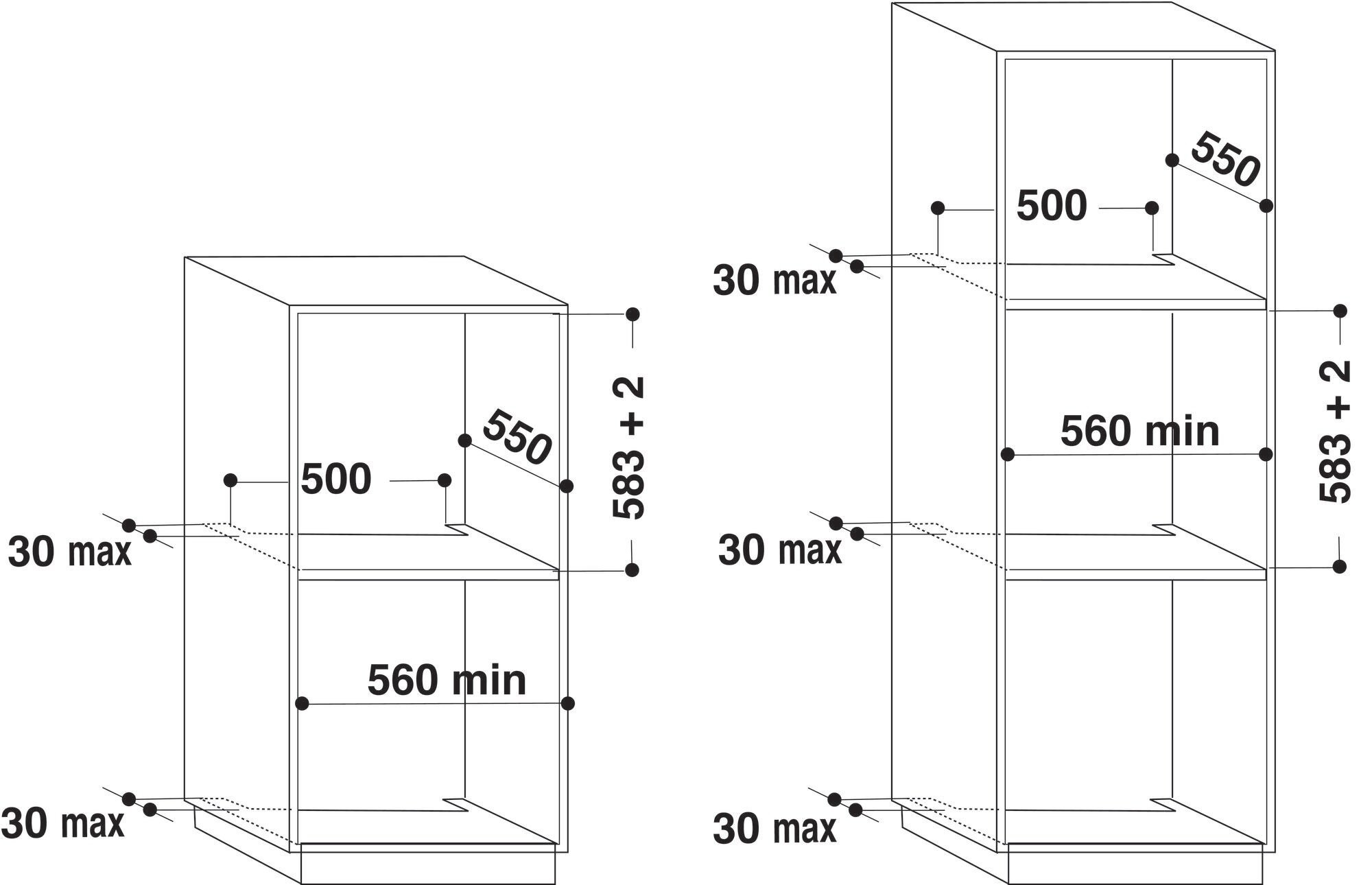 Rysunek techniczny mebli w zabudowie z wymiarami. Zawiera dwie szafki z wymiarami i etykietami.