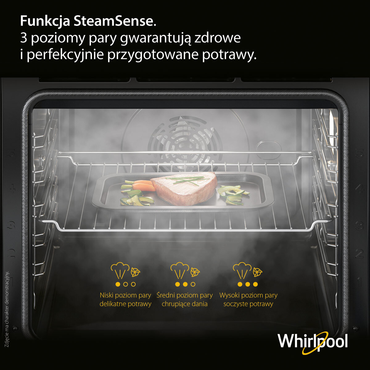 Wewnątrz piekarnika z tacą na jedzenie. Para widoczna. Wskaźniki niskiego, średniego, wysokiego poziomu pary.