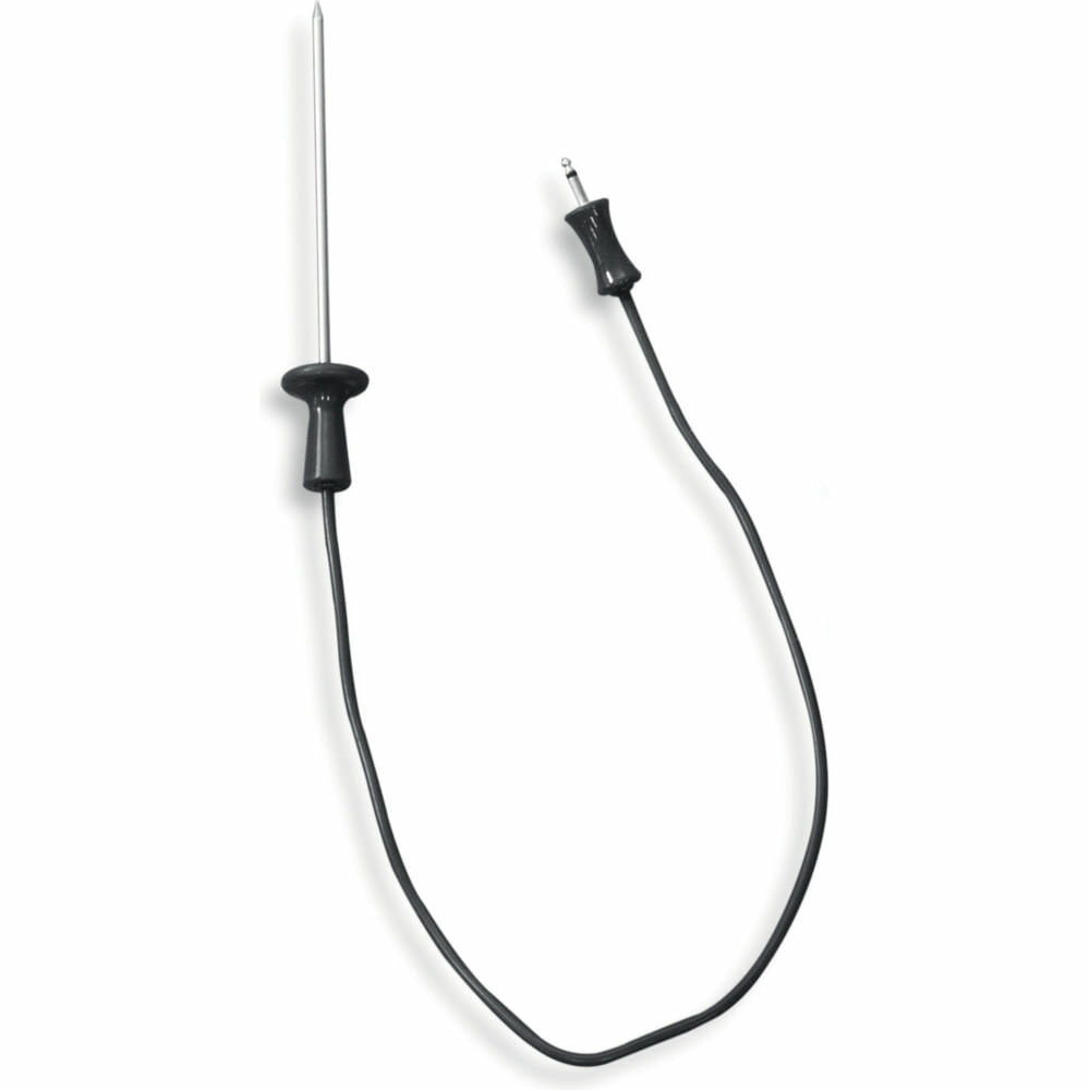 Czarny termometr do mięsa z długą sondą i kablem połączeniowym na białym tle. Prosty design.