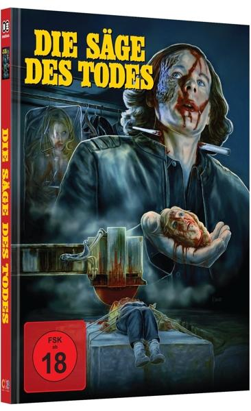 Filmcover: Mann mit Gesichtsverletzungen hält einen abgetrennten Kopf. Titel: Die Säge Des Todes.