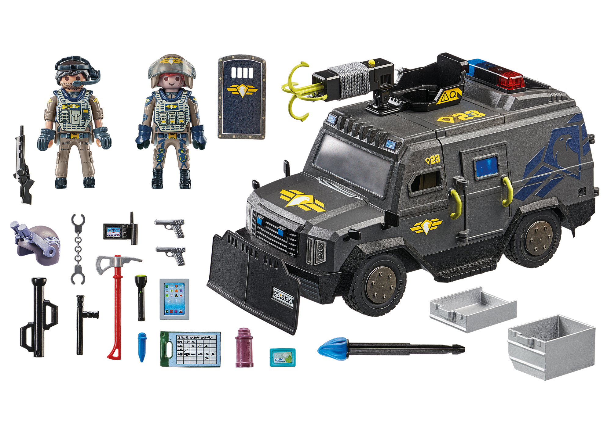 Playmobil-Polizeiset mit Figuren, gepanzertem LKW und Zubehör auf schwarzem Hintergrund.