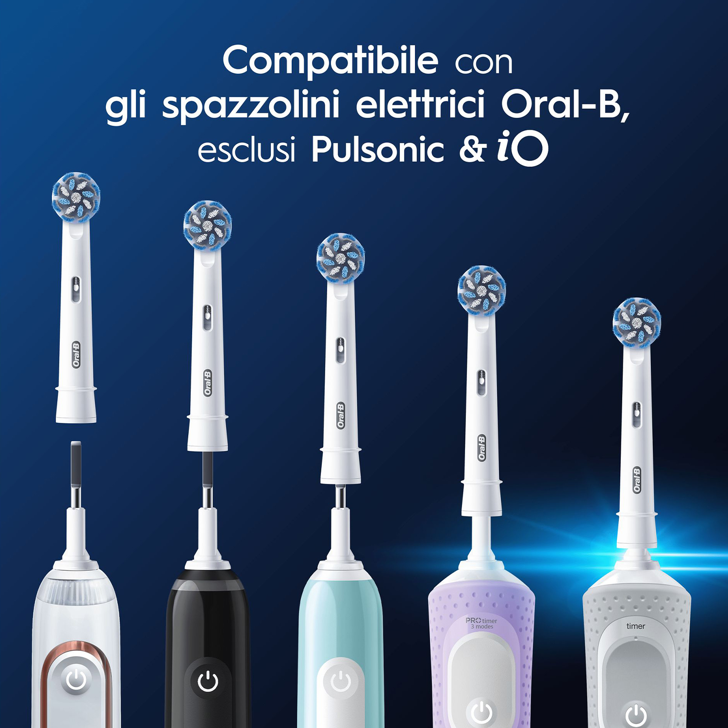 Cinque testine per spazzolino elettrico esposte. Diversi colori e modelli sono mostrati su sfondo blu.