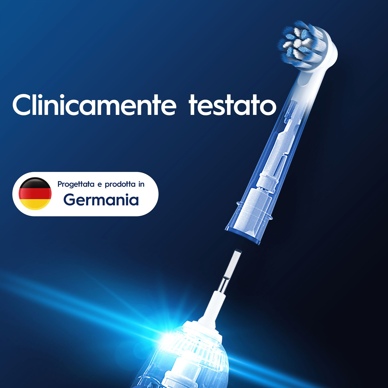Spazzolino elettrico con sezione trasversale. Testo in italiano e bandiera tedesca su sfondo blu.