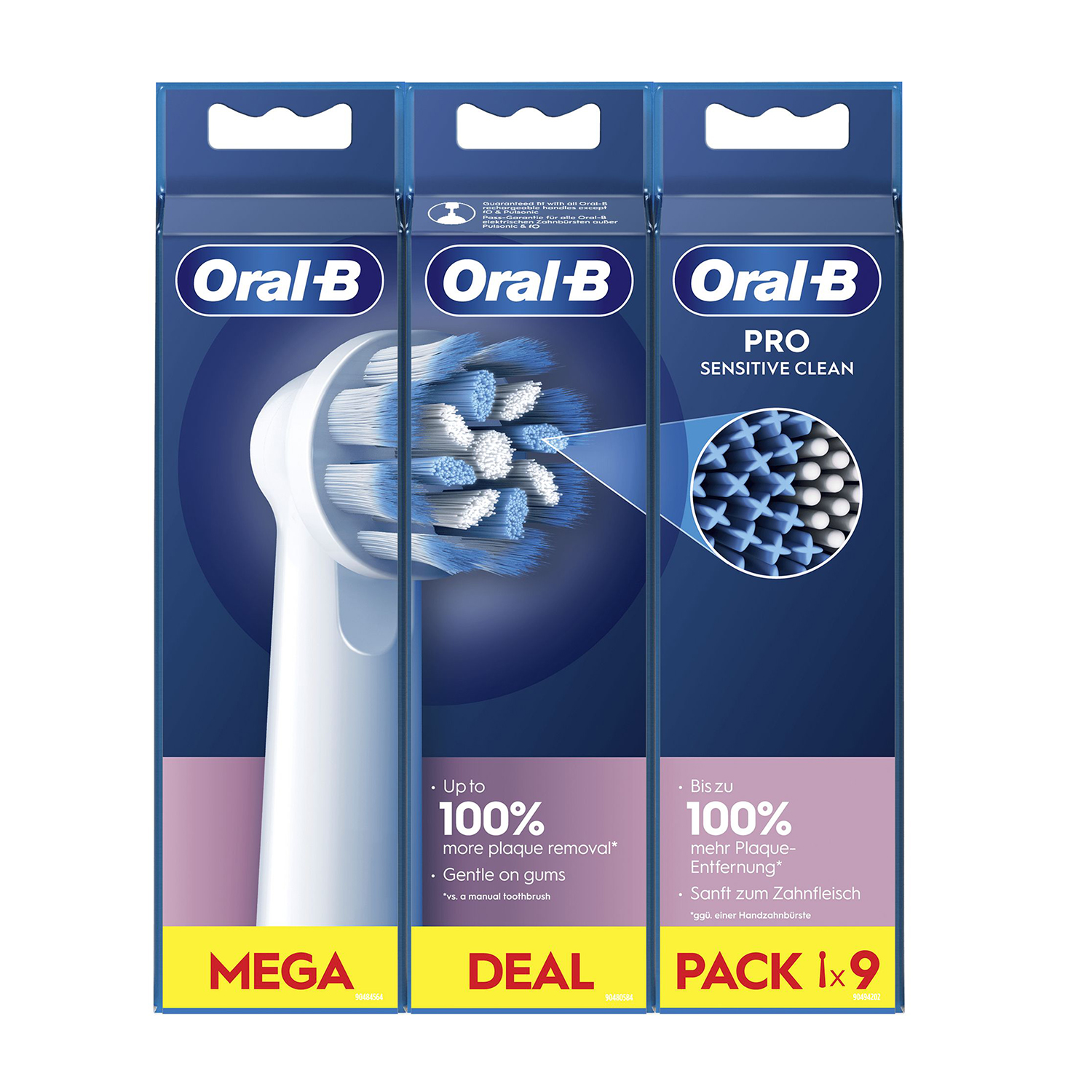 Tre confezioni di testine per spazzolino Oral-B. Ogni confezione è blu e bianca.