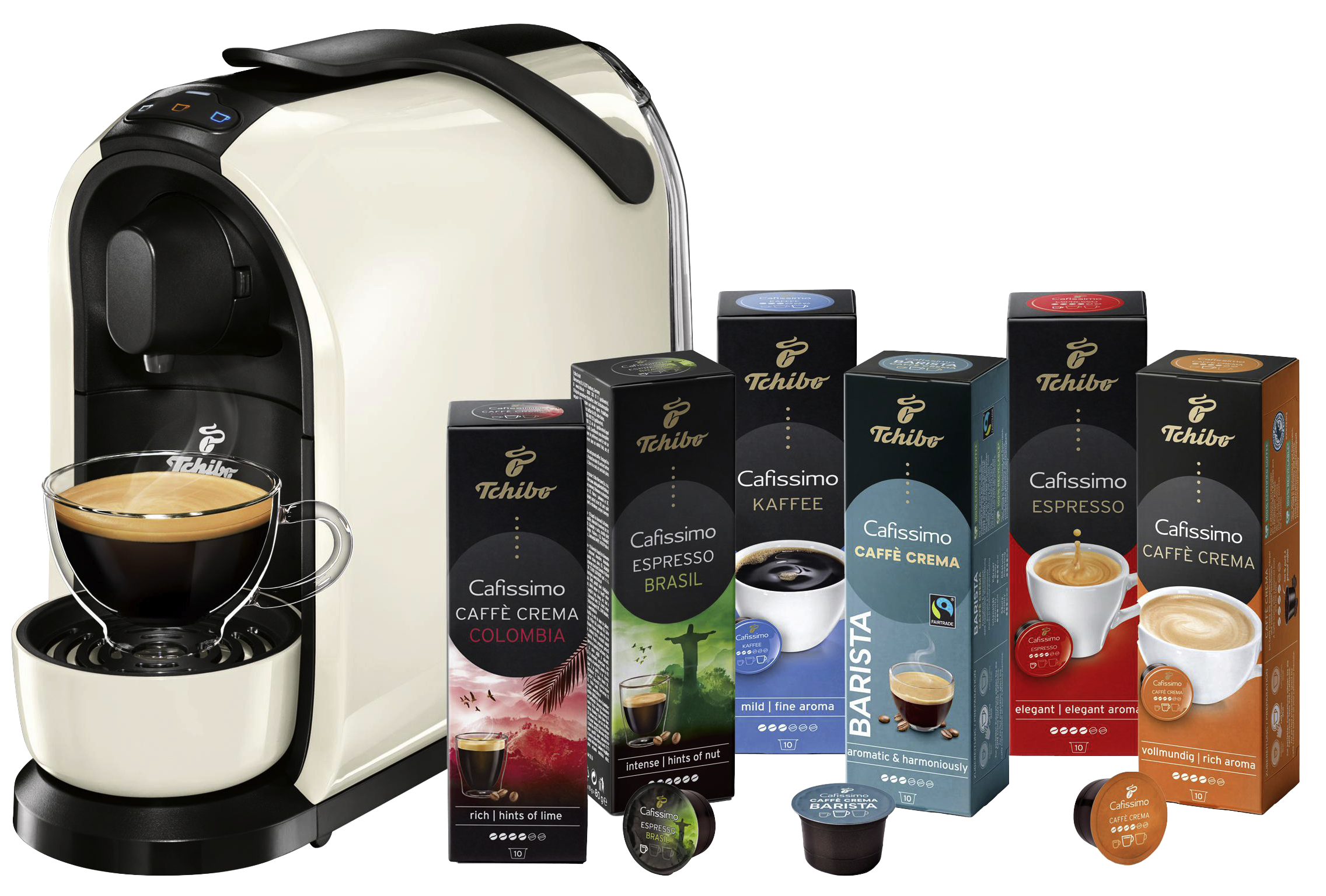 TCHIBO Pure + 60 Kapseln (Espresso,  Filterkaffee, Caffè Crema) Kapselmaschine Weiß