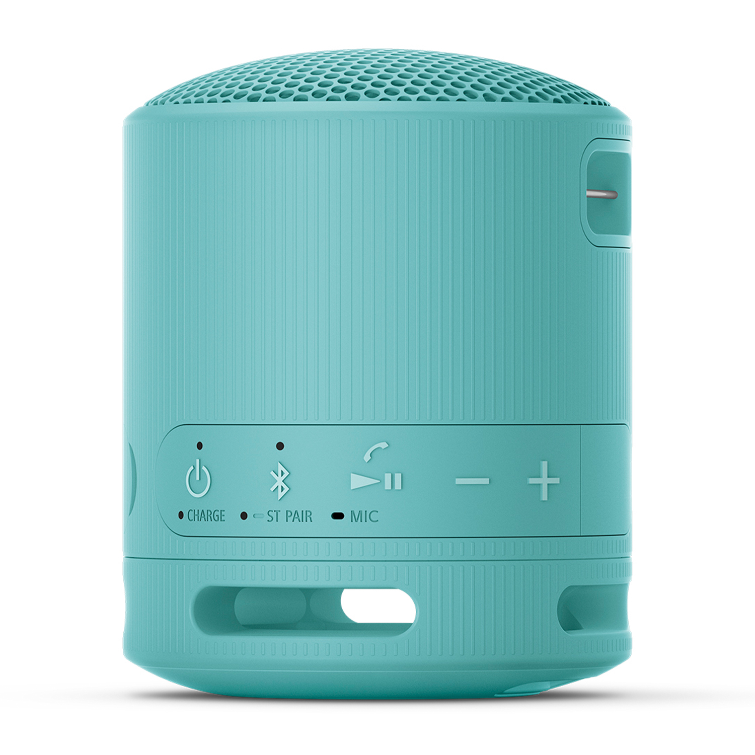 Altoparlante Bluetooth turchese, cilindrico. Pulsanti e porta di ricarica visibili.