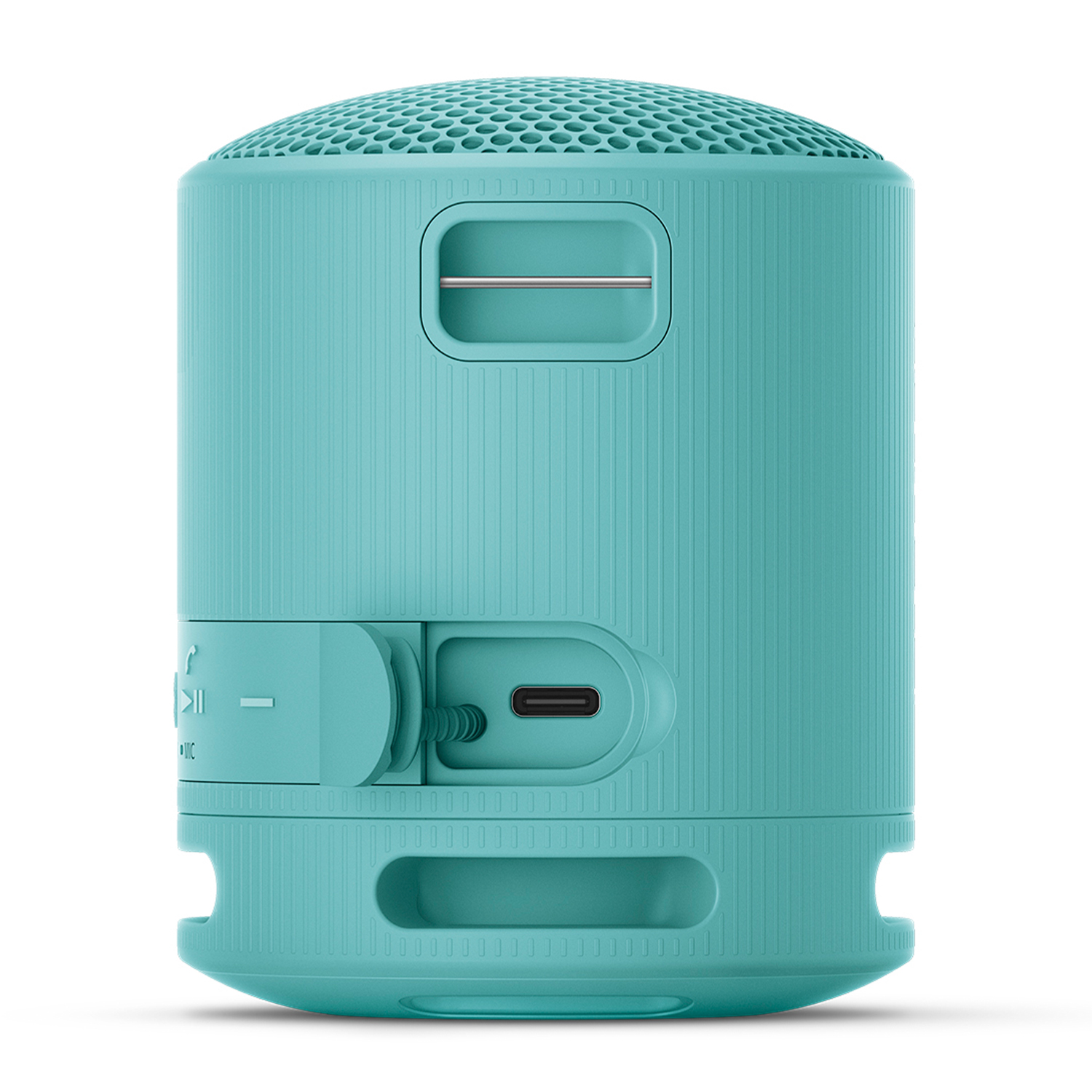 Altoparlante portatile blu acqua. Ha una maniglia e diverse aperture per comandi e connettori.