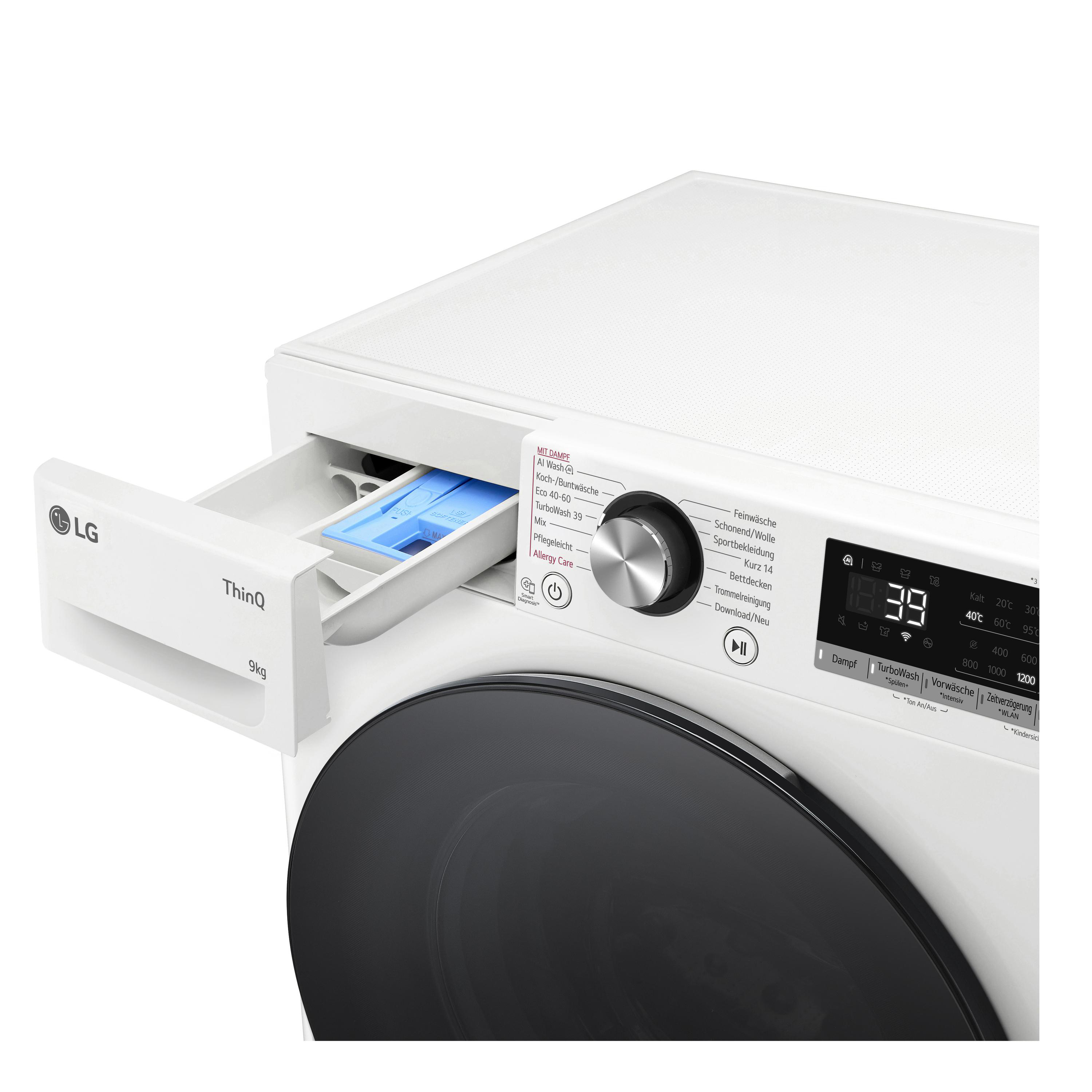 Weiße LG Waschmaschine mit geöffneter Schublade, blaues Waschmittel sichtbar.