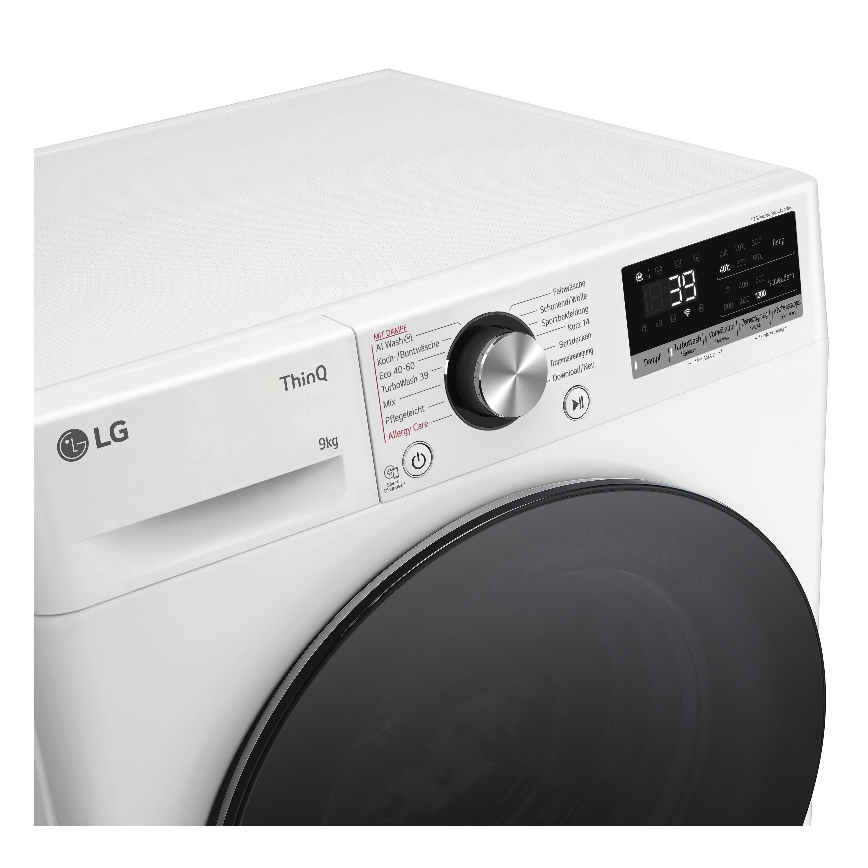 Weiße LG Waschmaschine, Bedienfeld mit Digitalanzeige und Drehknopf.