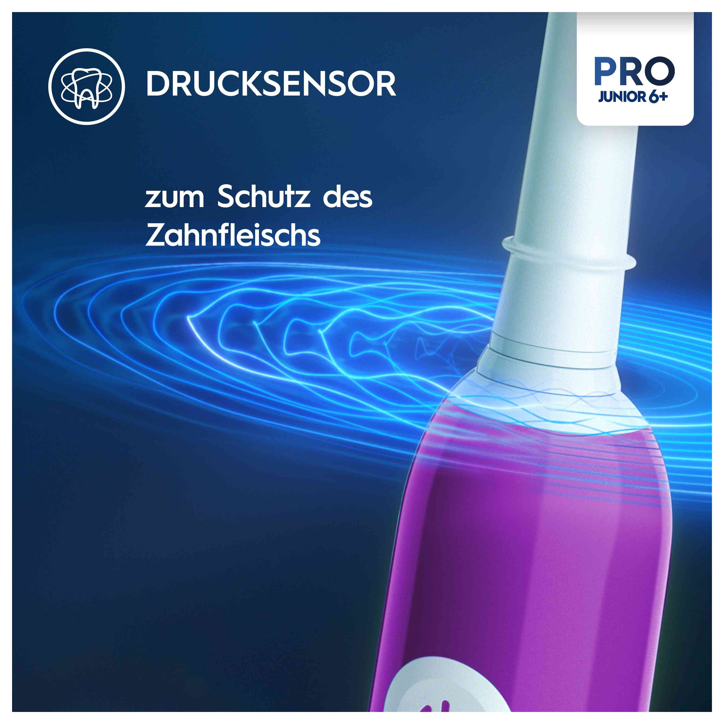 Une brosse à dents violette et blanche avec texte sur le capteur de pression et fond bleu avec lignes d'énergie.