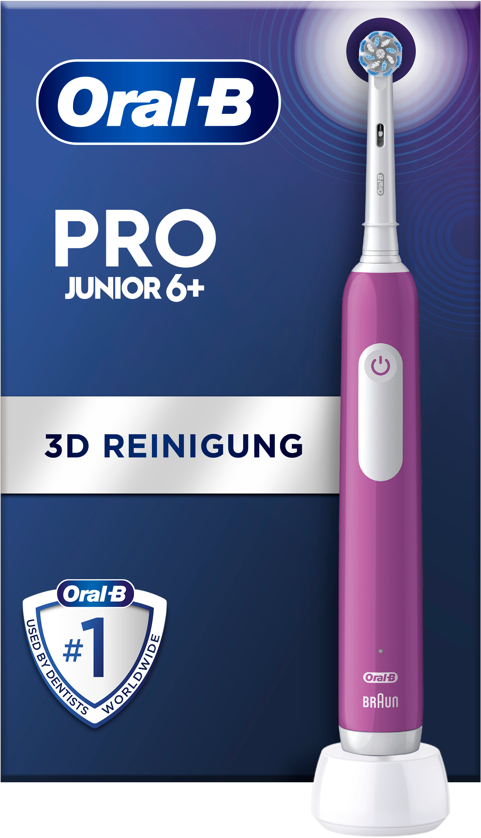 Brosse à dents rose Oral-B Pro Junior 6+. Texte: Nettoyage 3D. Logo Oral-B, plus #1 dentistes dans le monde.