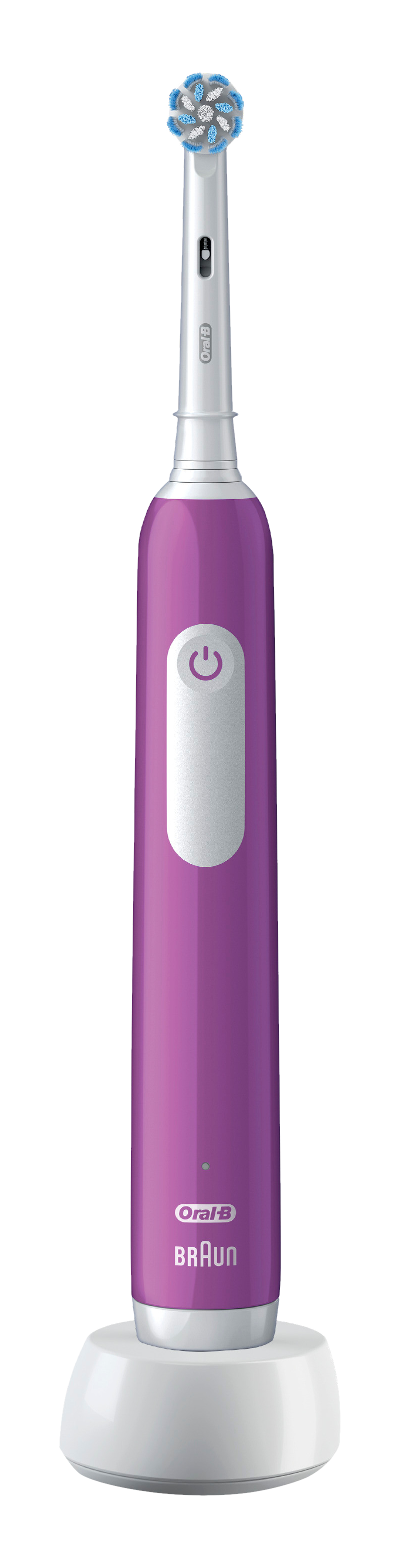 Une brosse à dents électrique Oral-B violette avec un bouton d'alimentation blanc et une base de chargement. Elle est inclinée.
