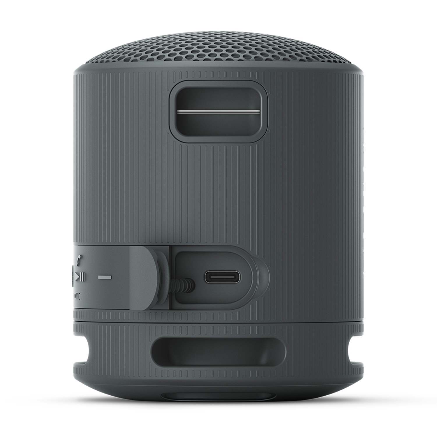 Altoparlante cilindrico grigio scuro con pulsanti, porta USB-C e maniglia per il trasporto.
