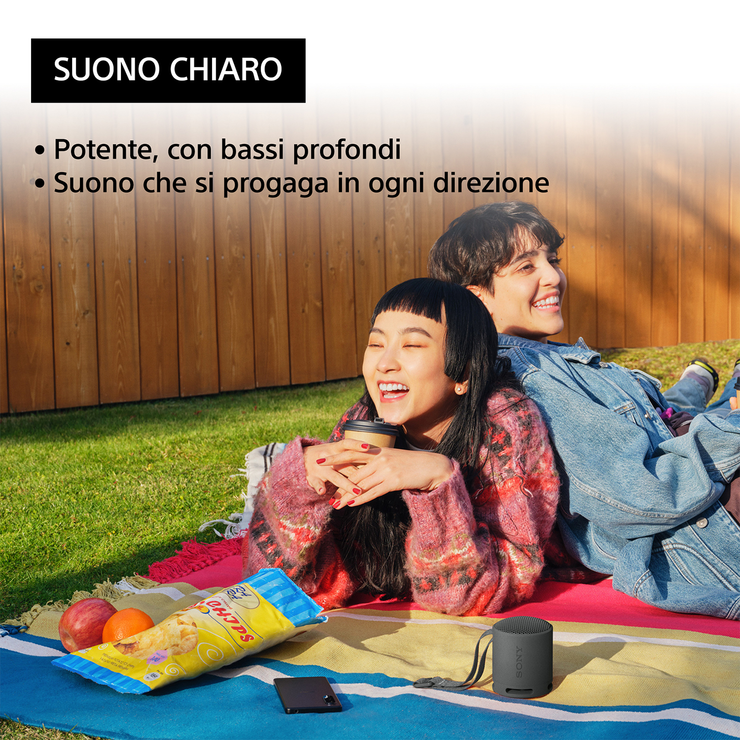Due persone su una coperta, con uno spuntino e un altoparlante portatile. Il testo "SUONO CHIARO".