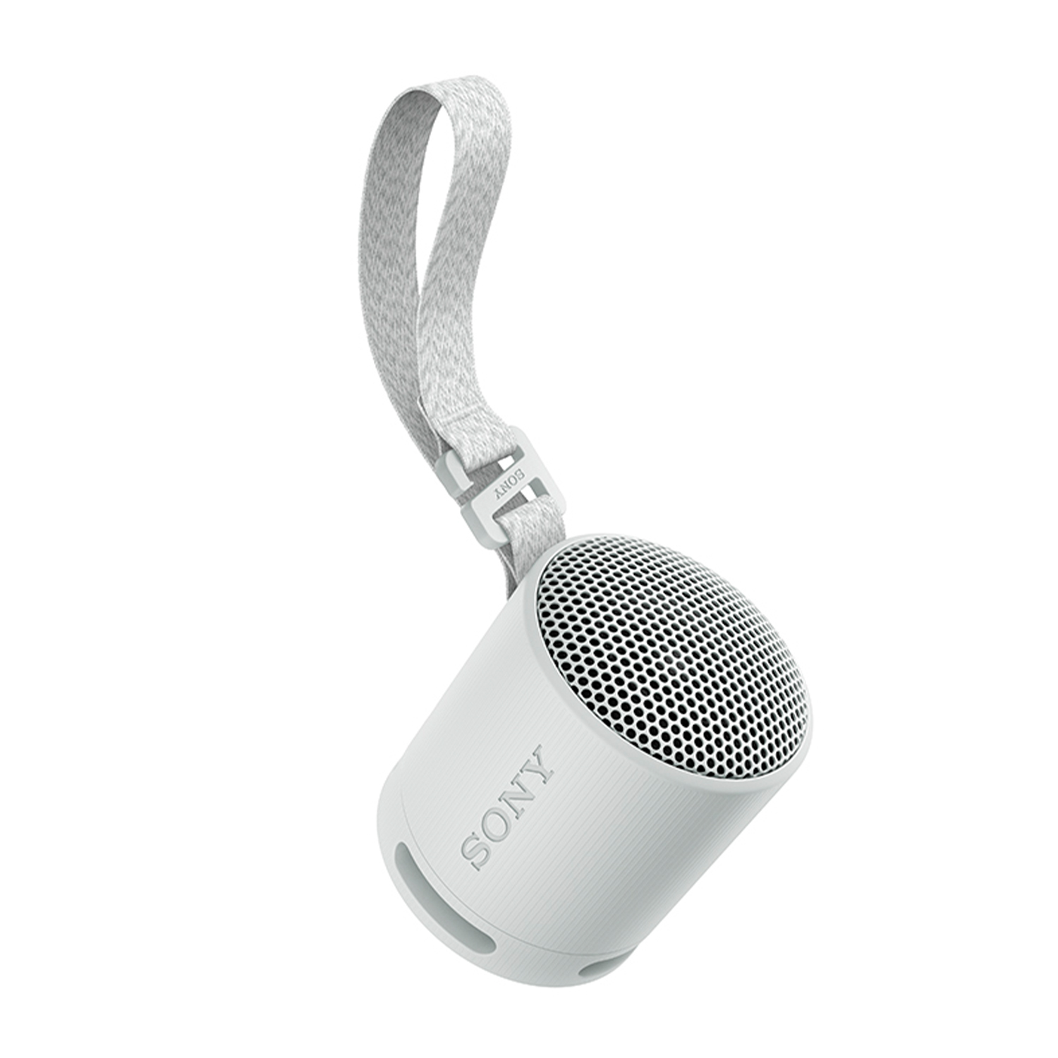 Altoparlante Sony cilindrico bianco con cinturino grigio, angolato verso l'alto.