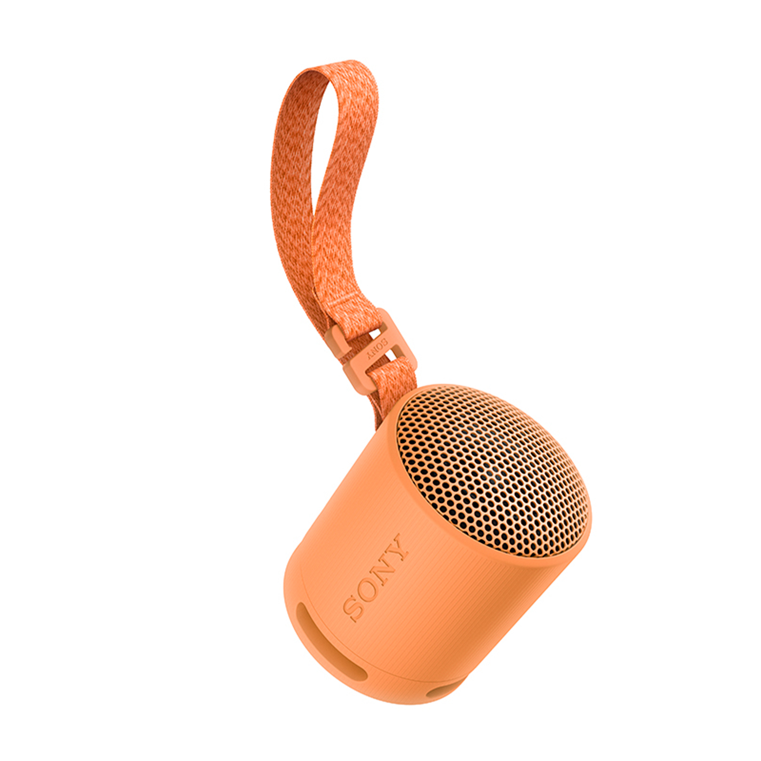 Altoparlante Sony arancione con cinturino, su una superficie bianca.