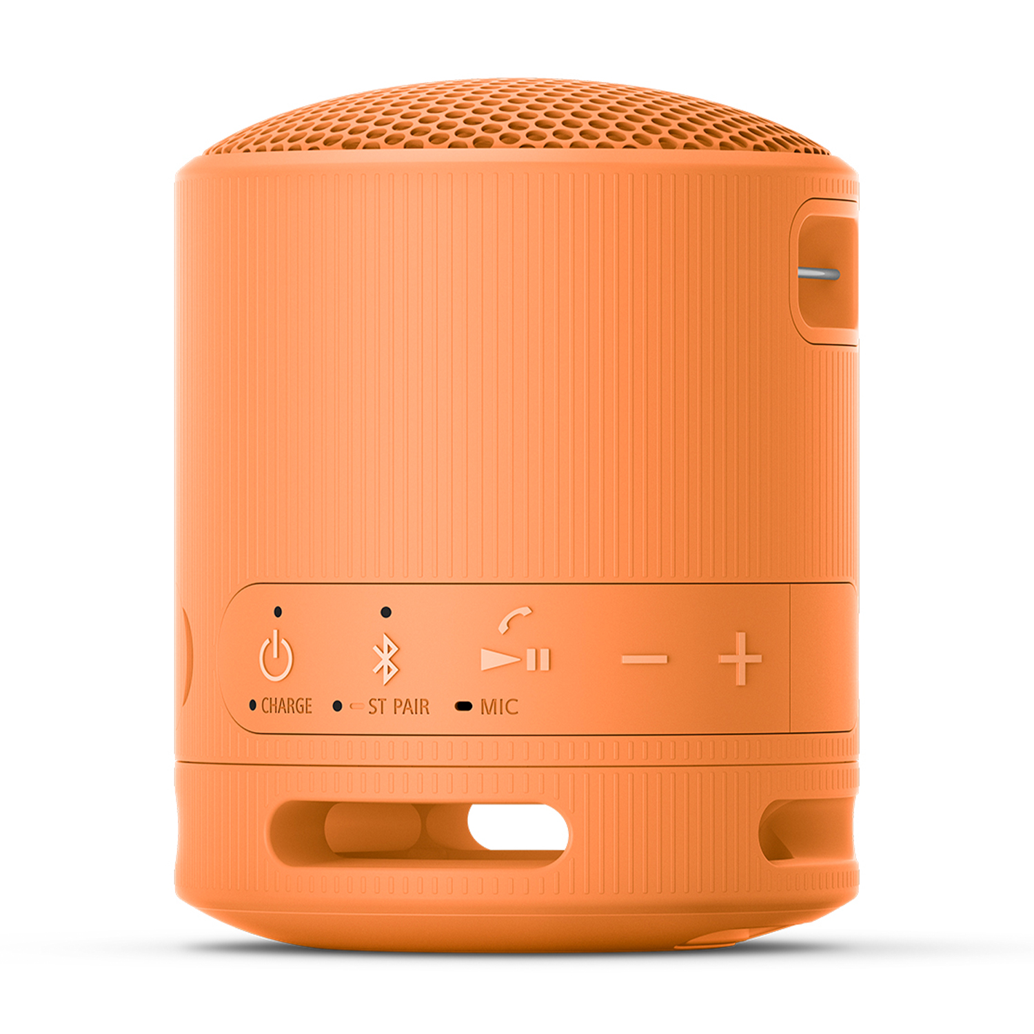 Un altoparlante cilindrico arancione con pulsanti di controllo. Ha controlli di alimentazione, accoppiamento Bluetooth, microfono e volume.