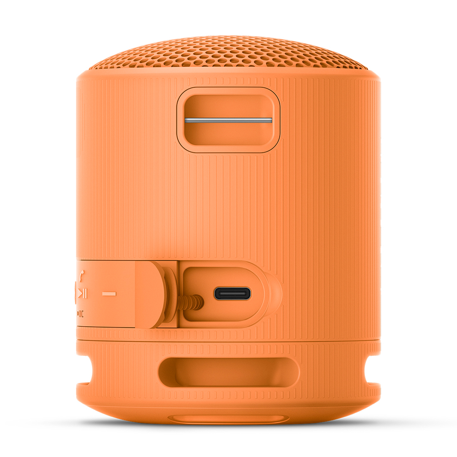Altoparlante portatile arancione. Ha pulsanti, una porta USB-C e un anello per un cinturino.