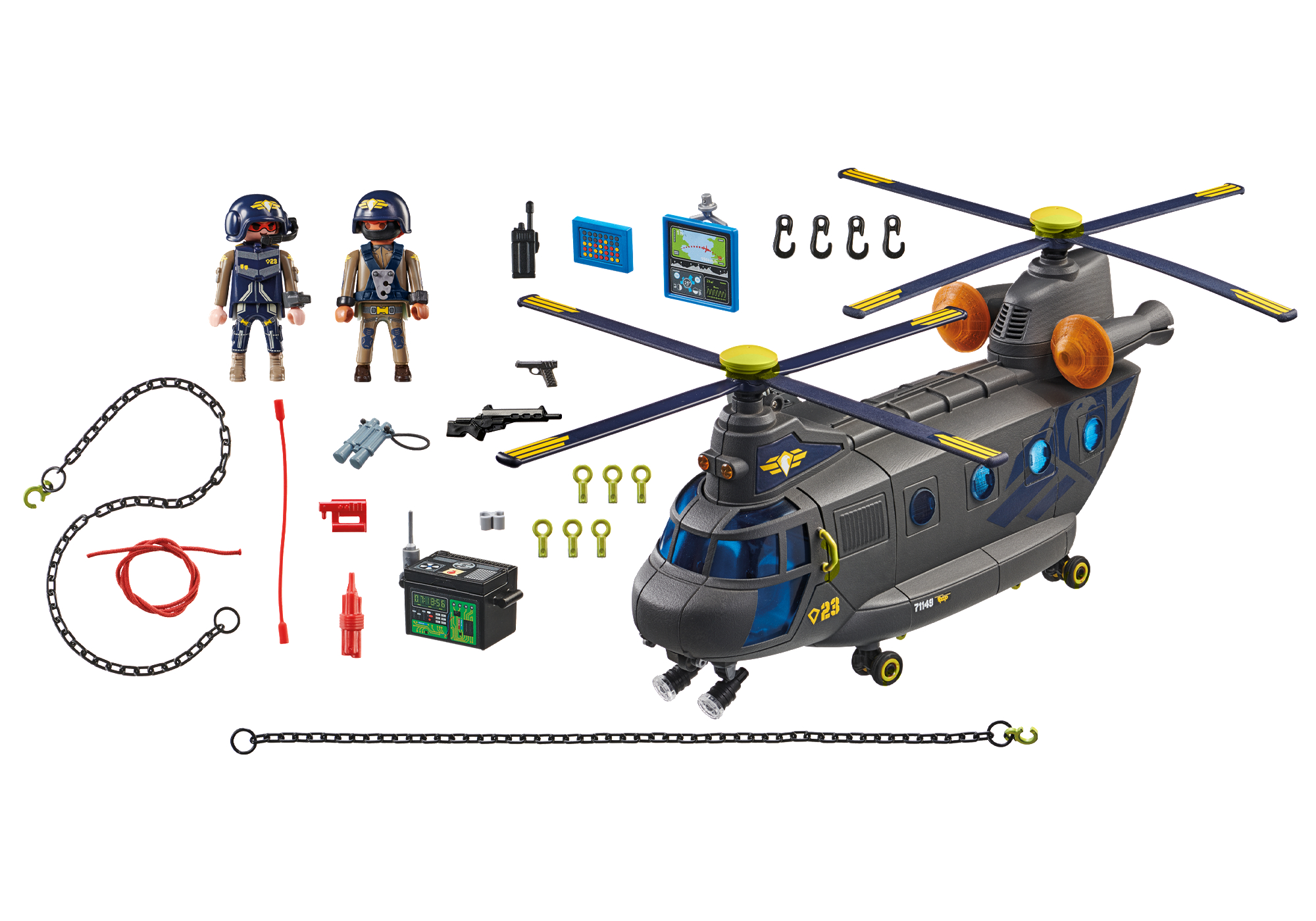 Ein Spielzeughelikopter und Zubehör, darunter zwei Soldaten, Waffen, Schlüssel und ein Radio.