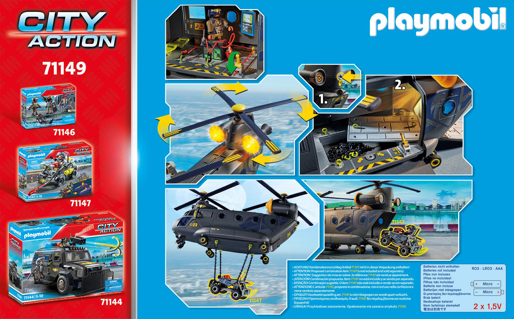 Playmobil-Set mit Hubschrauber, Figuren und anderem Zubehör. Text auf der linken Seite.