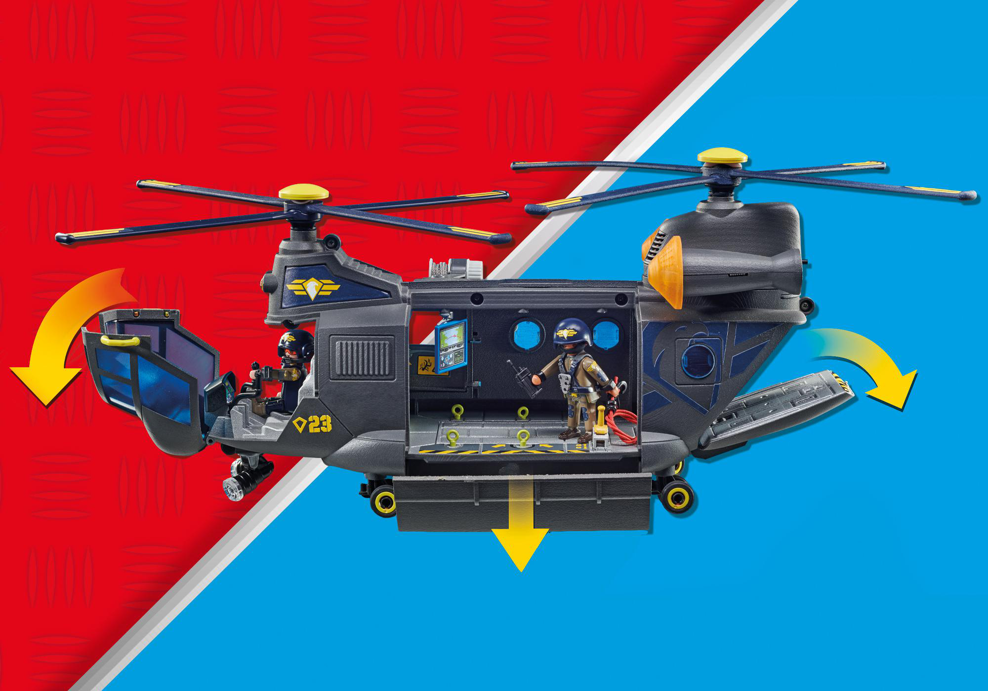 Spielzeughubschrauber mit Figuren. Türen öffnen sich, Cockpit ist sichtbar.