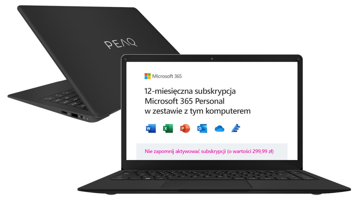 Czarny laptop z otwartym ekranem Microsoft 365, za nim drugi laptop. Białe tło.