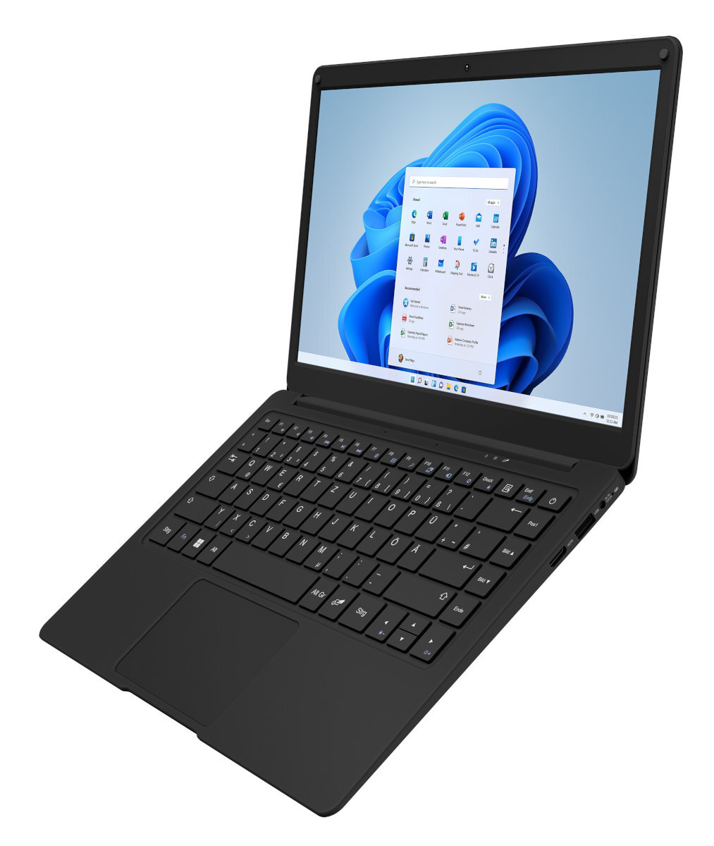 Czarny laptop, otwarty, pokazujący interfejs Windows 11. Białe tło.