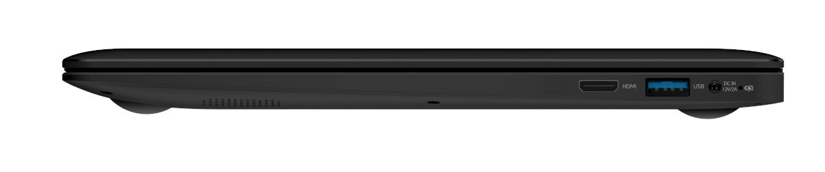 Smukły czarny laptop, widok z boku, pokazujący porty.