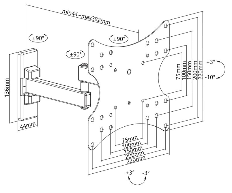 TV-tartó diagramja méretekkel és szögekkel. A tartó ezüstszínű, fehér alapon.