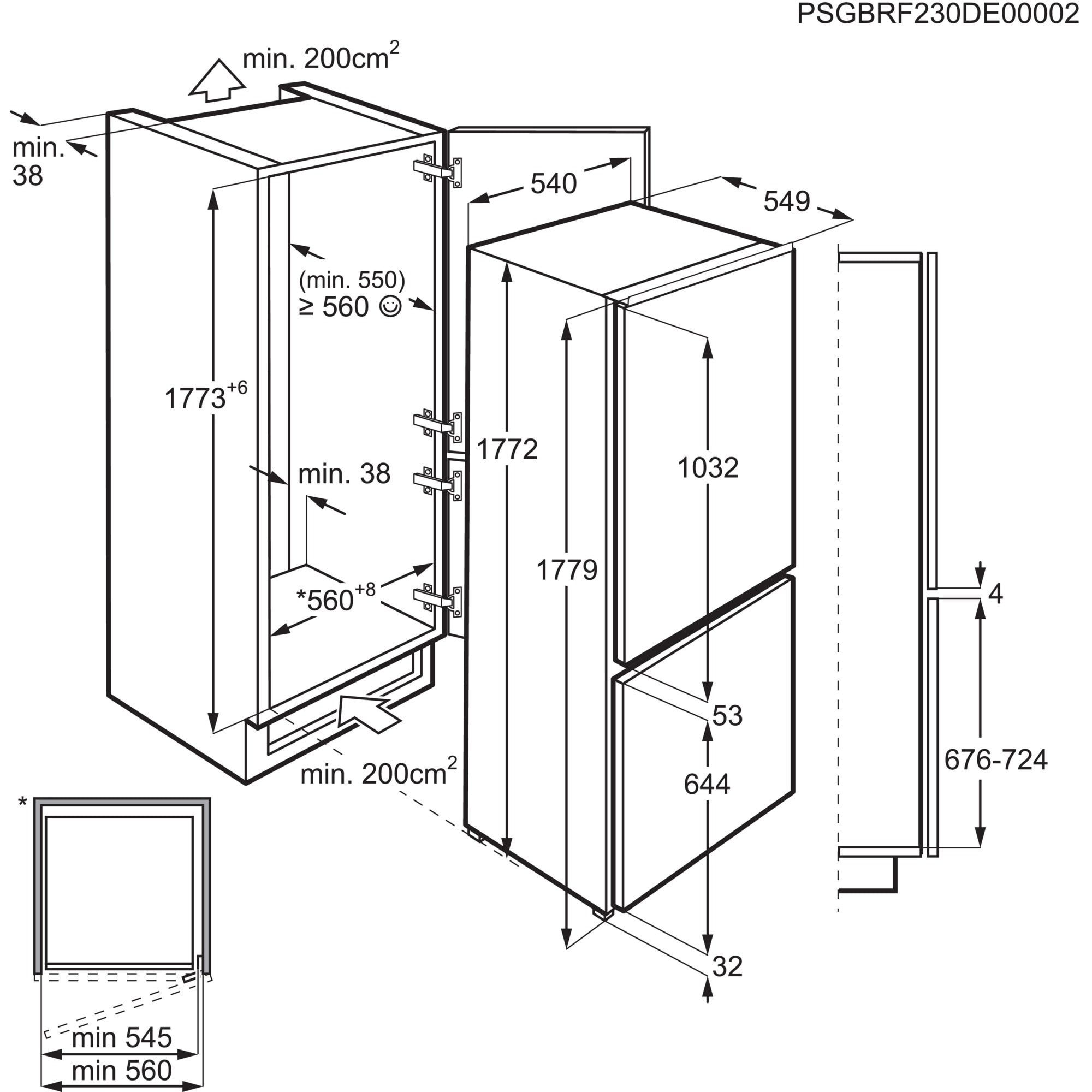 Diagrama mostrando dimensiones de un refrigerador, con varias medidas.